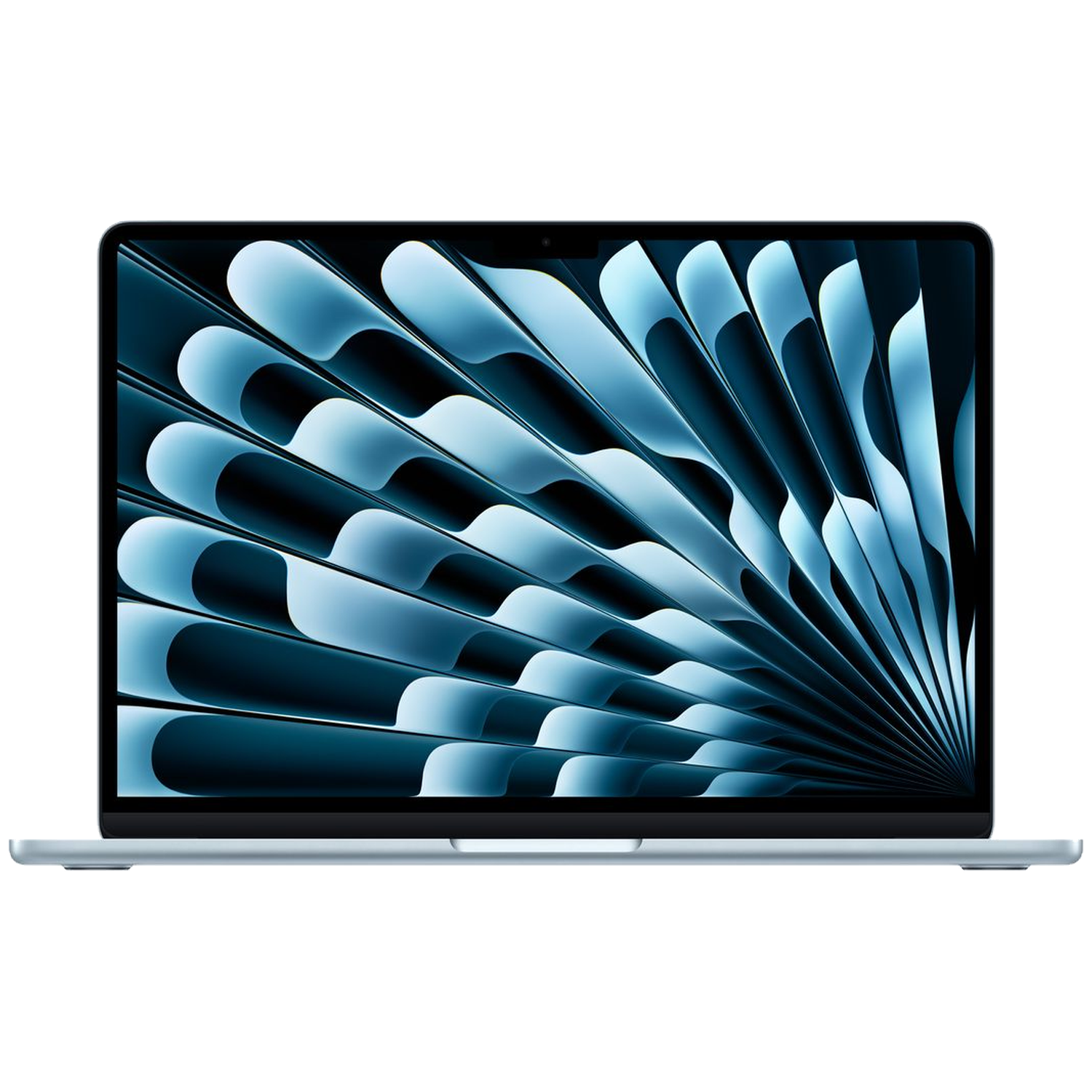 Een lichtblauwe laptop met een blauw, waaierachtig behang.