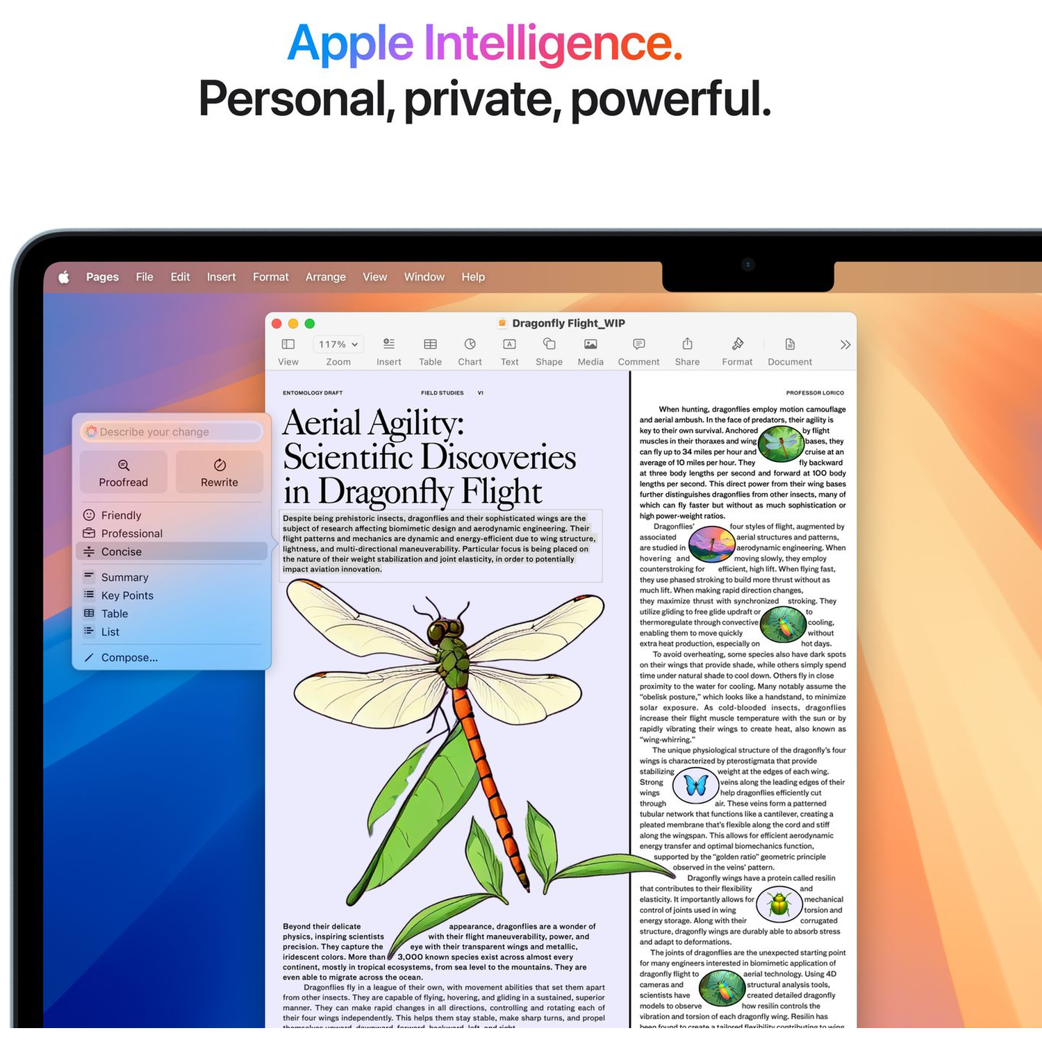 Een laptop toont een pagina getiteld "Aerial Agility" over libellenvlucht.