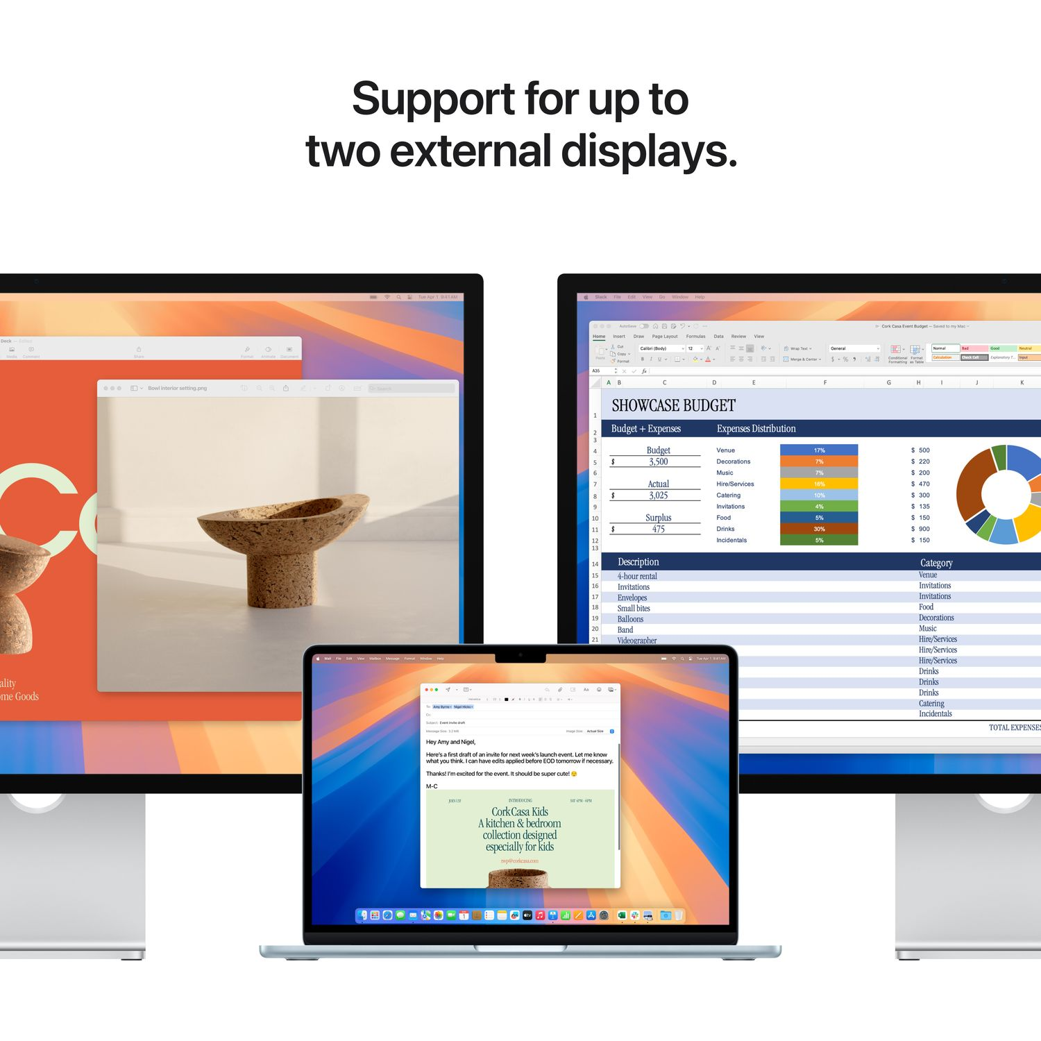Drie schermen tonen een presentatie: een Mac-laptop, een externe monitor met budgettabellen en een andere monitor met een app.