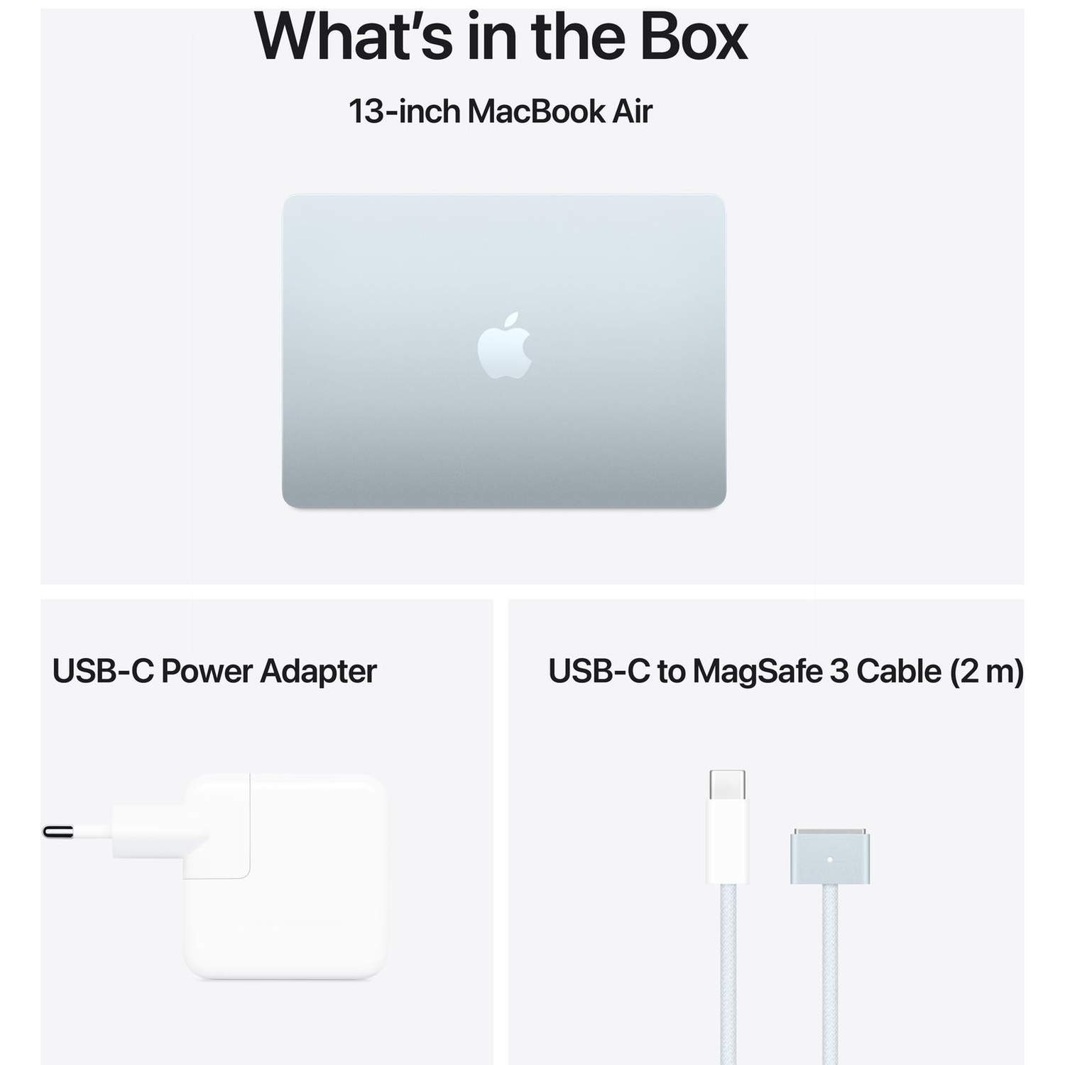 Een MacBook Air, een witte USB-C-lichtnetadapter en een USB-C naar MagSafe 3-kabel.