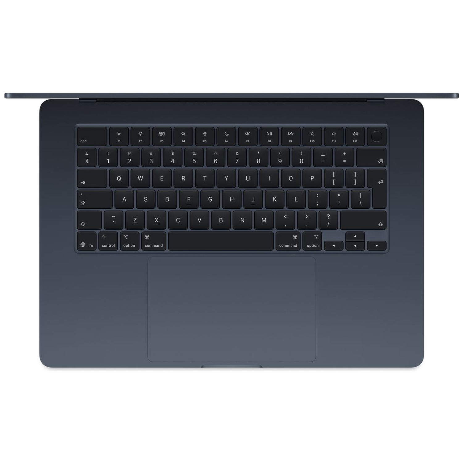 Donkerblauwe laptop met toetsenbord en trackpad, van bovenaf gezien.