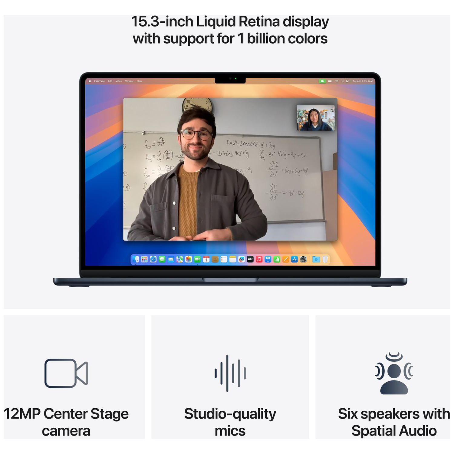 MacBook met 15,3-inch display toont videogesprek. Voorzien van 12MP camera, microfoons en luidsprekers.