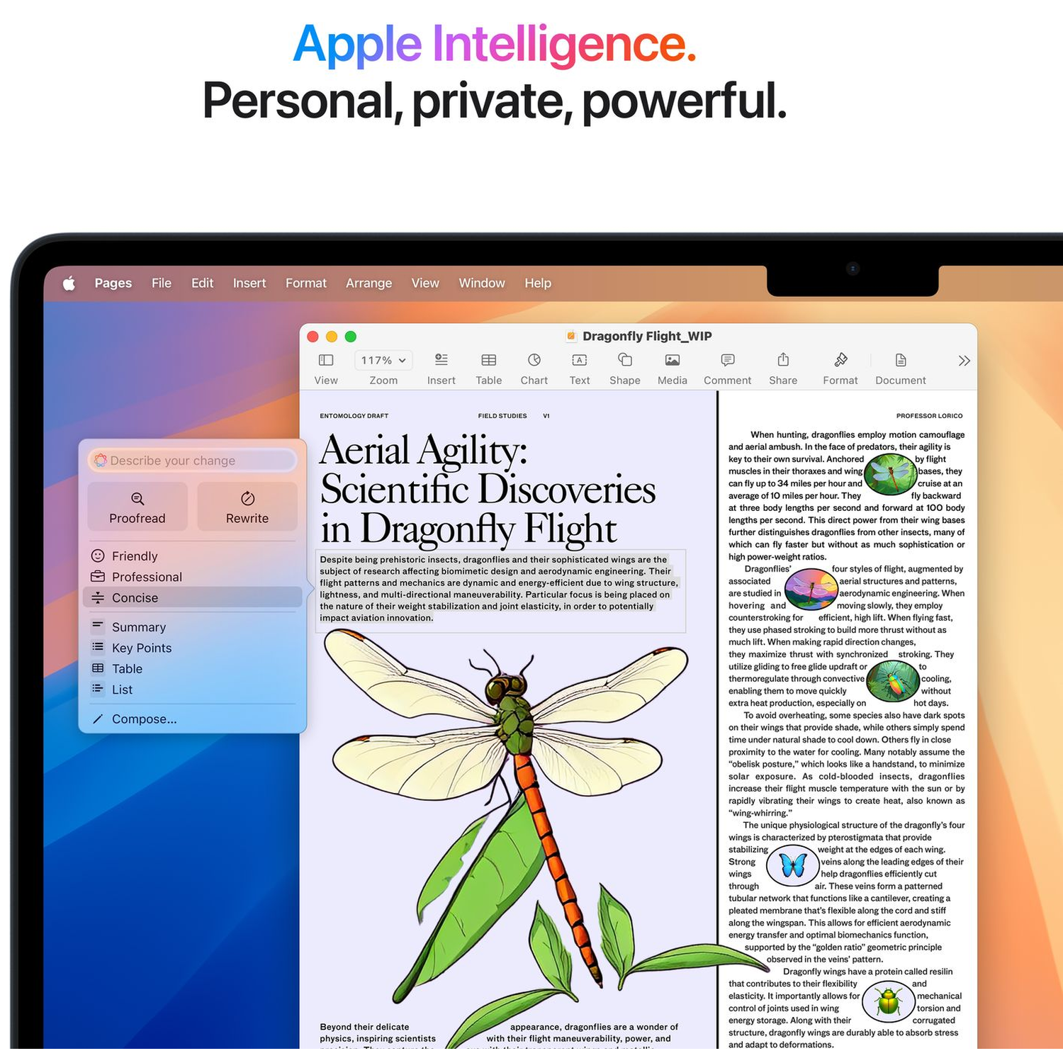 Een laptop toont een artikel over libellenvlucht met een illustratie.