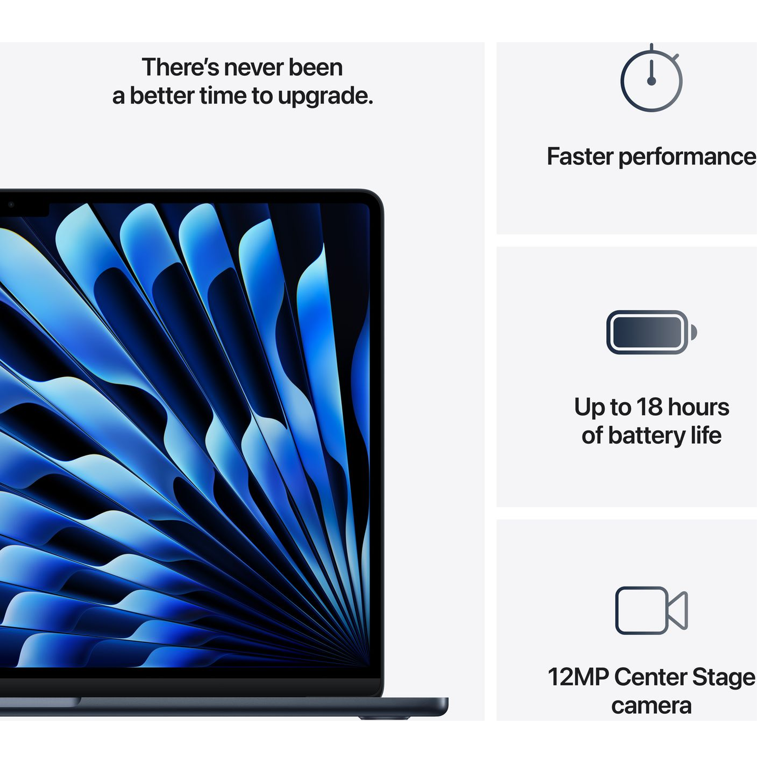 Een laptop met blauwe achtergrond, snelle prestaties, 18 uur batterij & 12MP camera.
