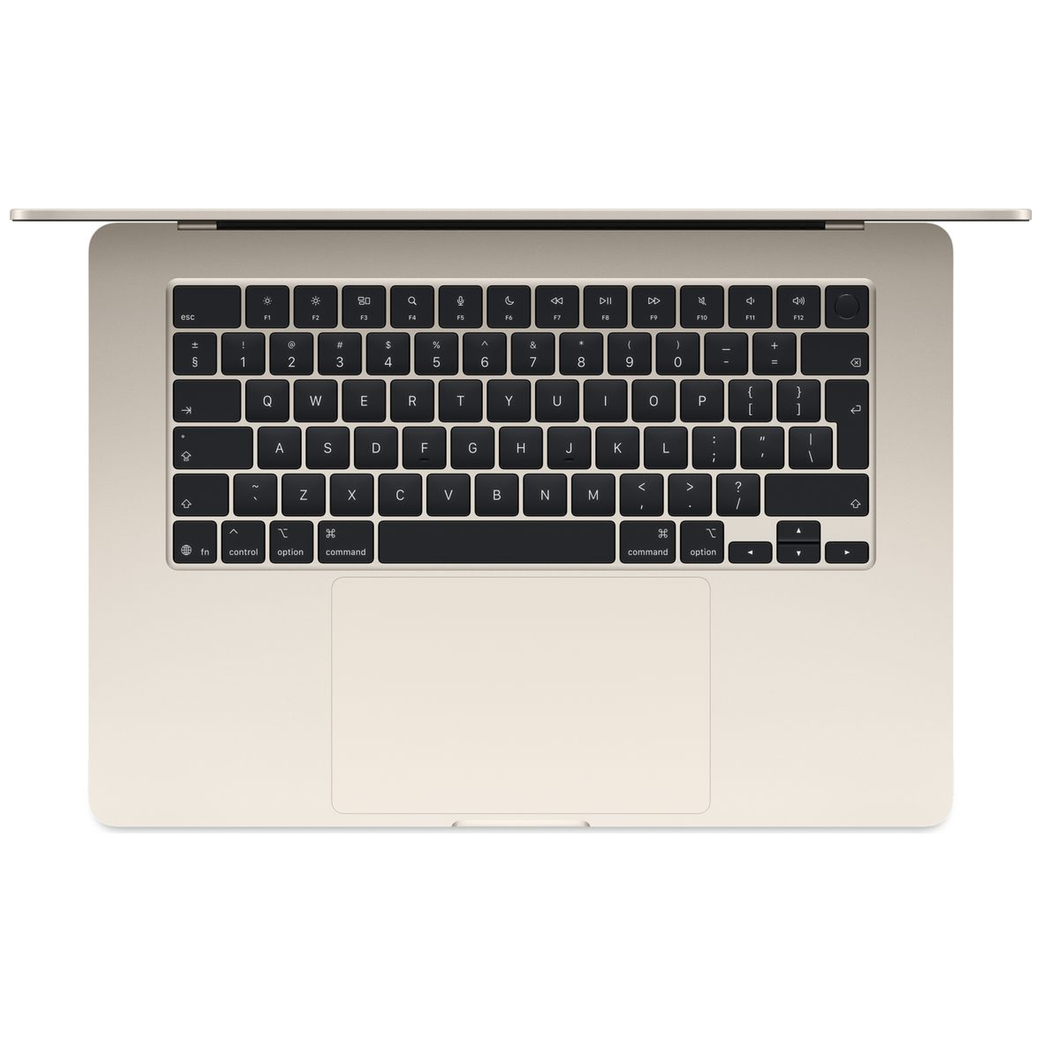 Bovenaanzicht van een gesloten, lichtgouden laptop met zwart toetsenbord en trackpad.