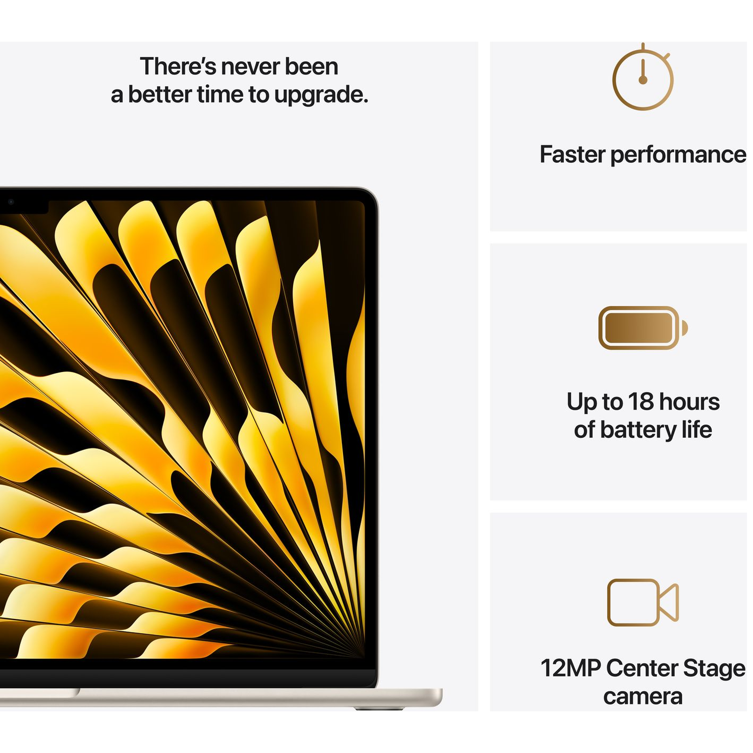 Een laptop met een dynamische gele achtergrond. Kenmerken: snellere prestaties, 18u batterij, 12MP camera.