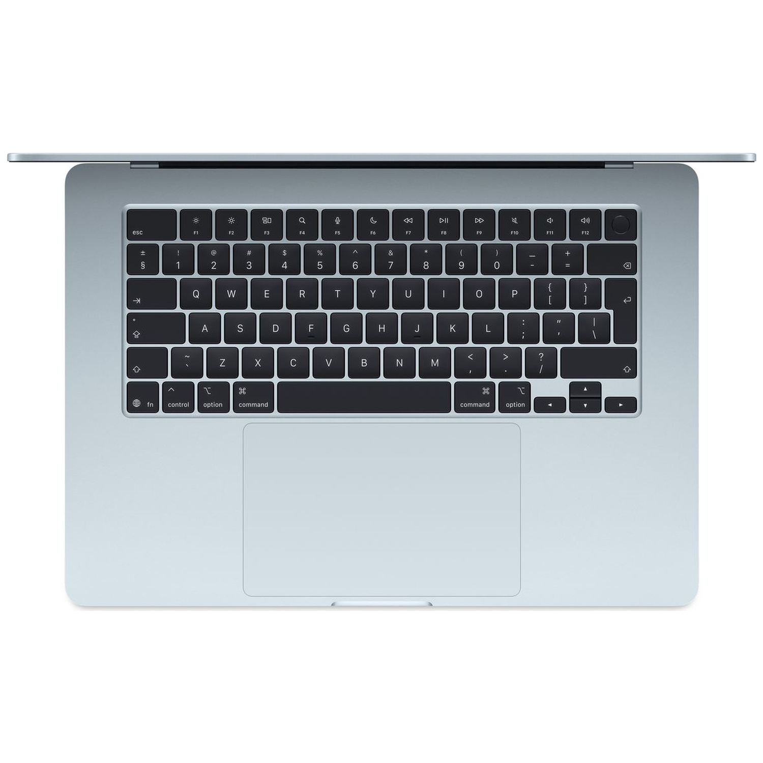 Een lichtblauwe laptop van bovenaf gezien, met toetsenbord en trackpad.