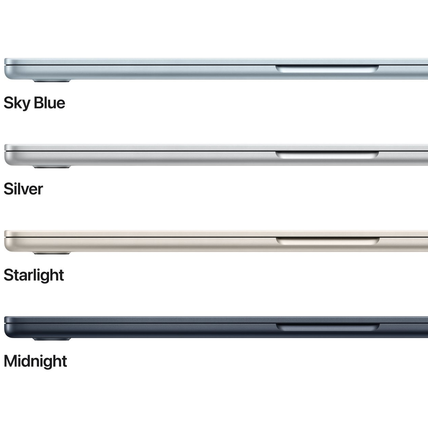 Vier laptops naast elkaar in hemelsblauw, zilver, starlight en middernachtkleuren.