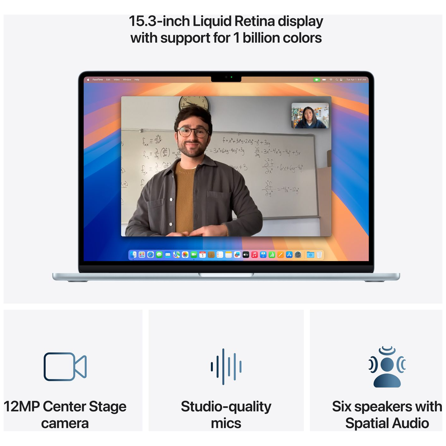 15,3-inch laptop met groot display dat een videogesprek toont, met pictogrammen voor camera, microfoons en luidsprekers.