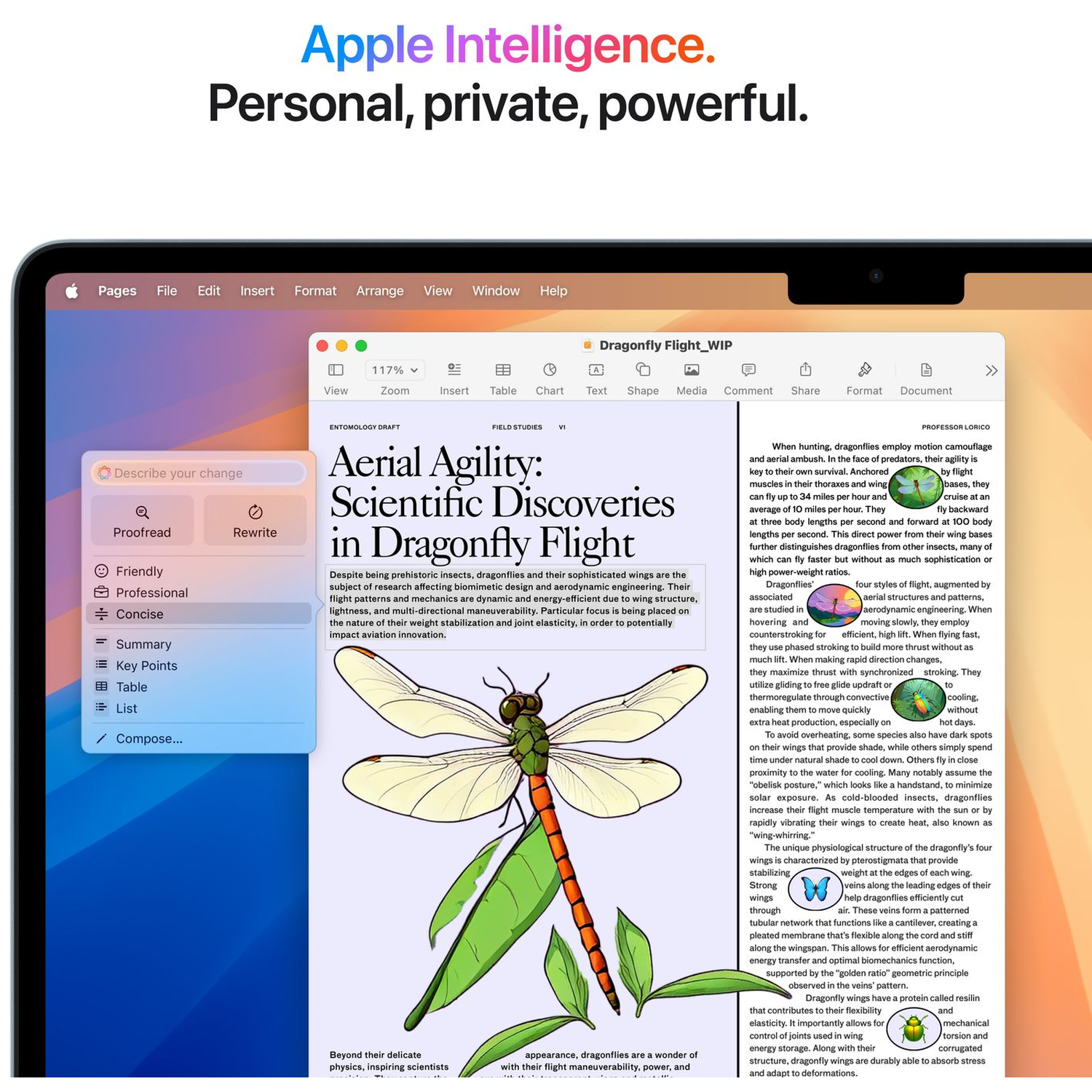 Een iPad toont een pagina getiteld 'Dragonfly Flight' met een tekening van een libel.