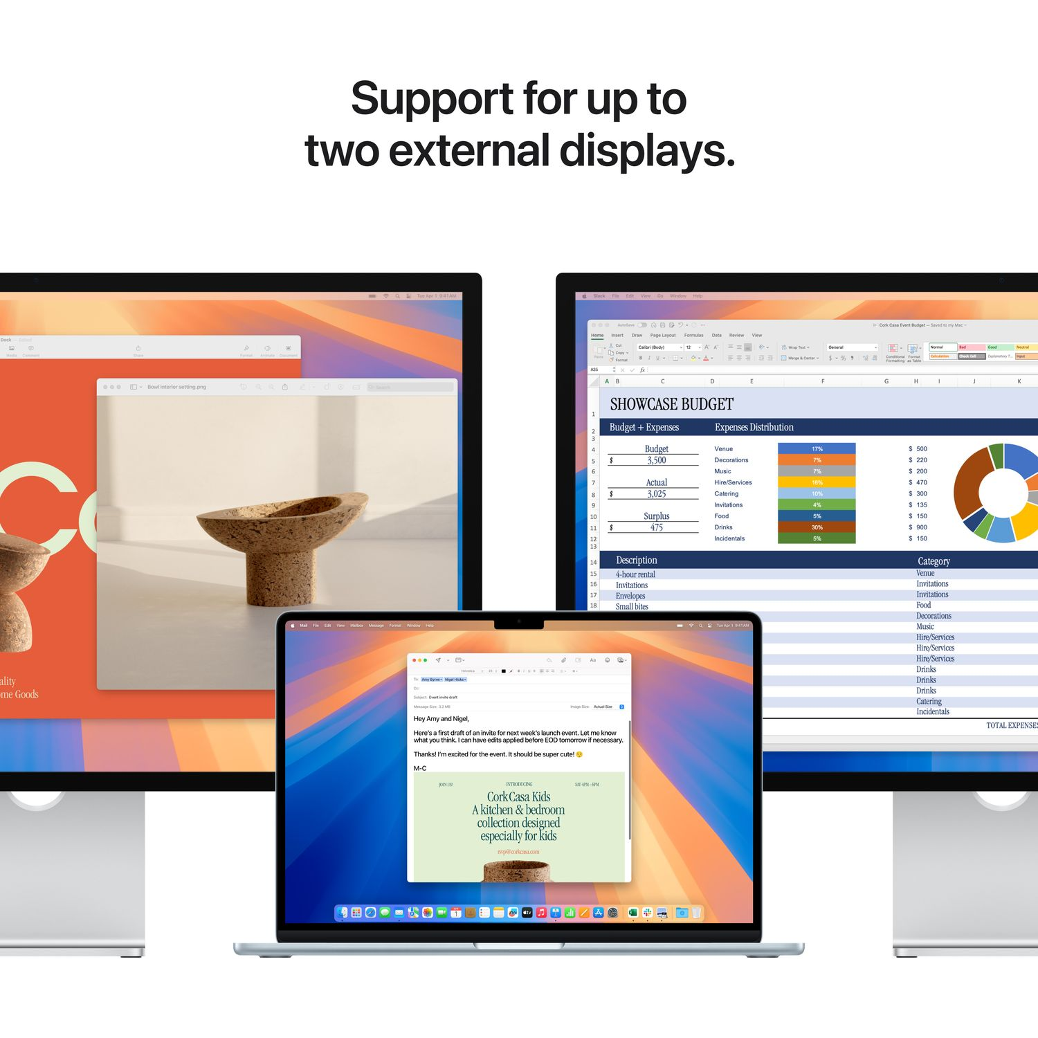 Drie schermen tonen een gebruikersinterface met spreadsheets en e-mails.