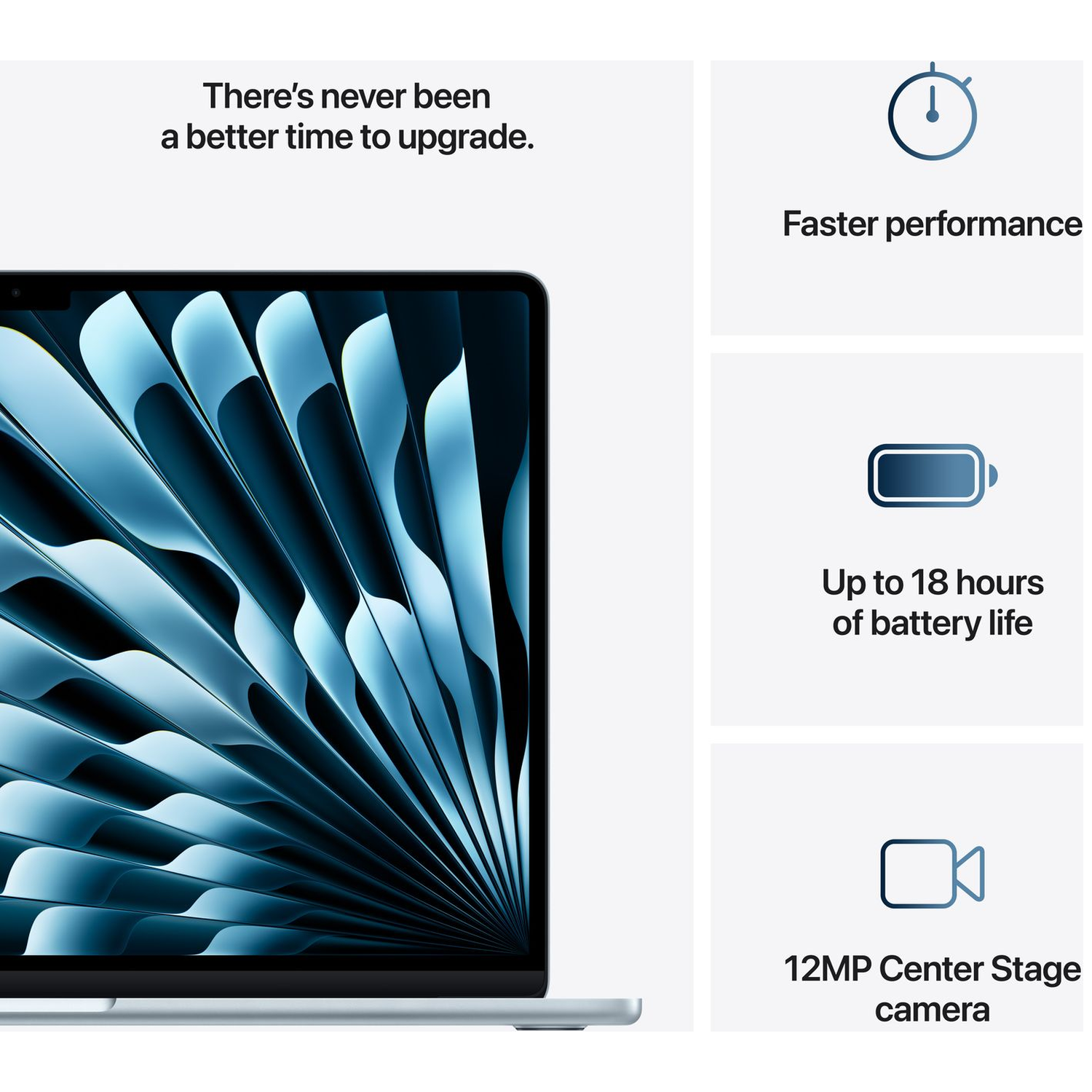 Een laptop met een abstracte blauwe achtergrond, tekst over prestaties en batterijduur.