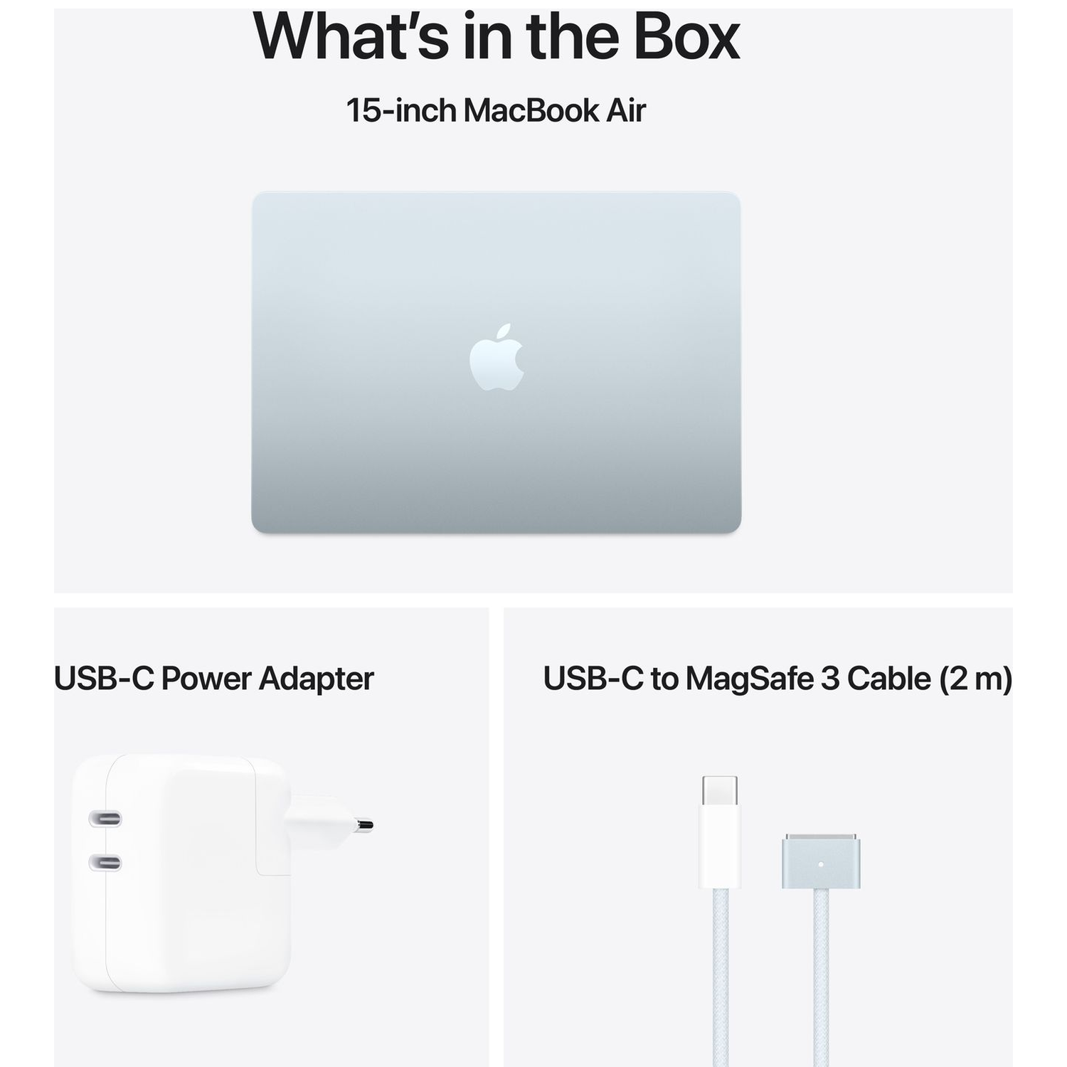Wat zit er in de doos: 15-inch MacBook Air, USB-C voedingsadapter, USB-C naar MagSafe 3 kabel.