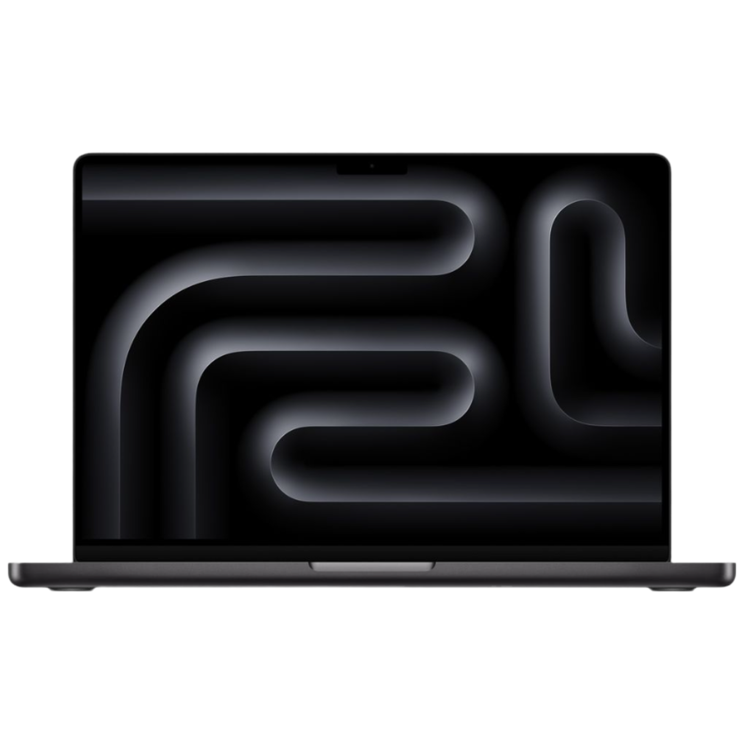 Een donkere laptop met een abstract, gebogen patroon op het scherm.