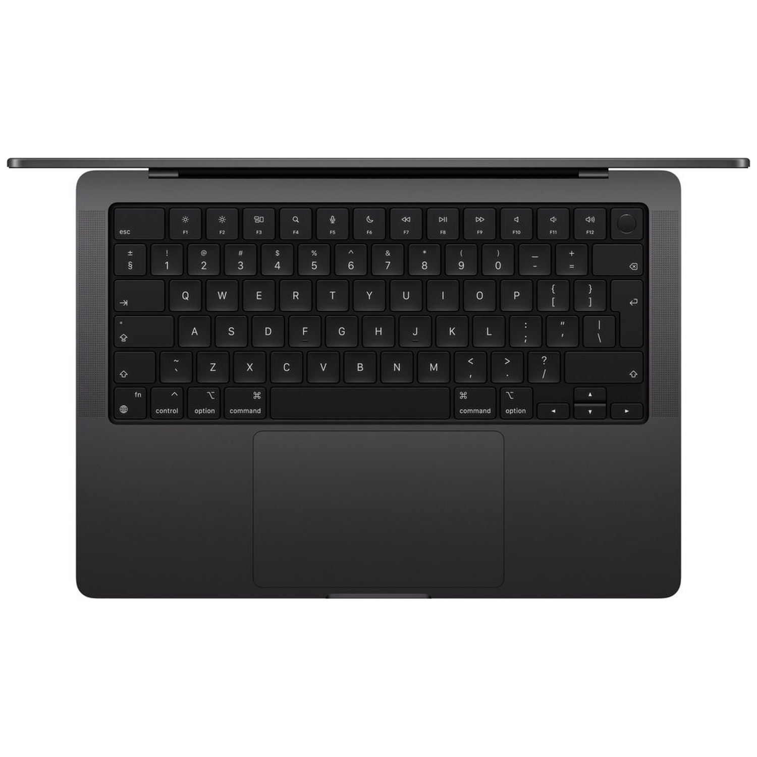 Donkergrijs MacBook met open toetsenbord en groot trackpad.