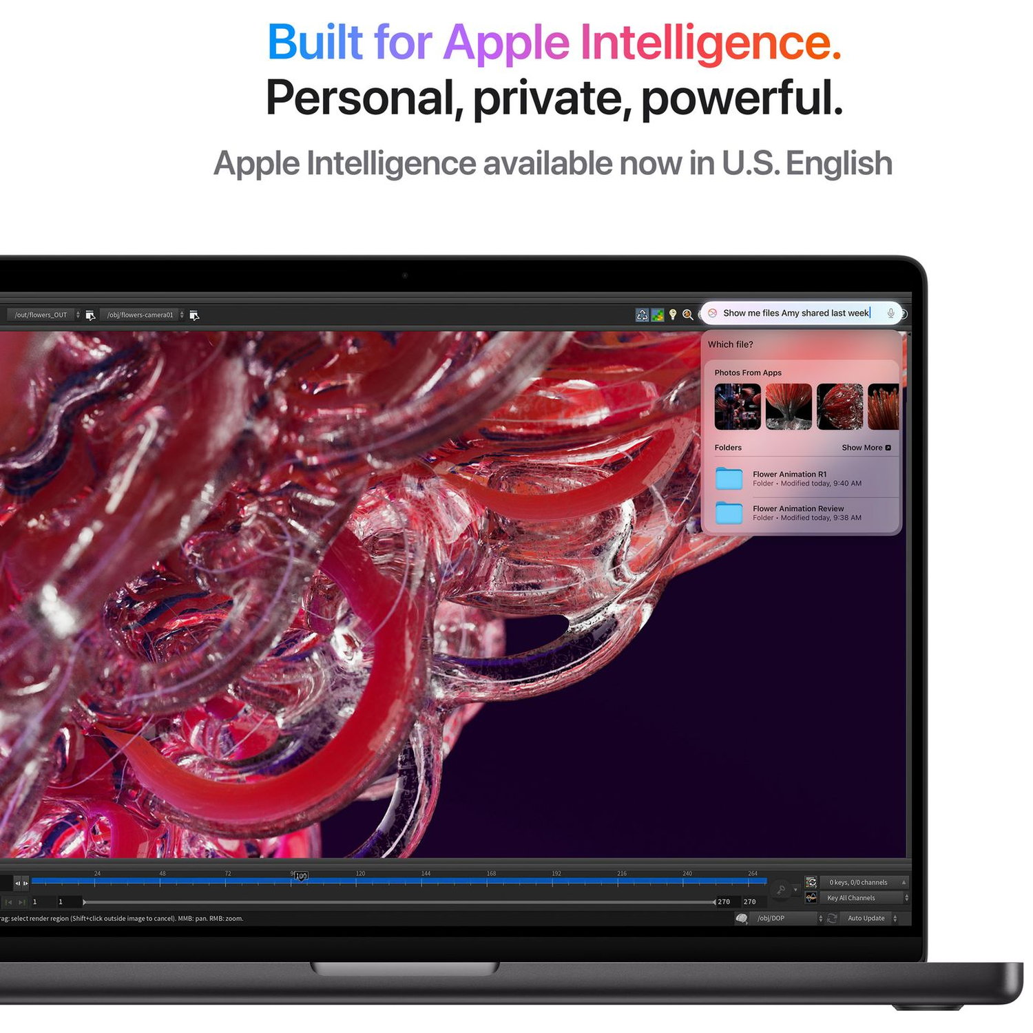 Een laptop toont een complexe 3D-animatie en tekst over Apple Intelligence.