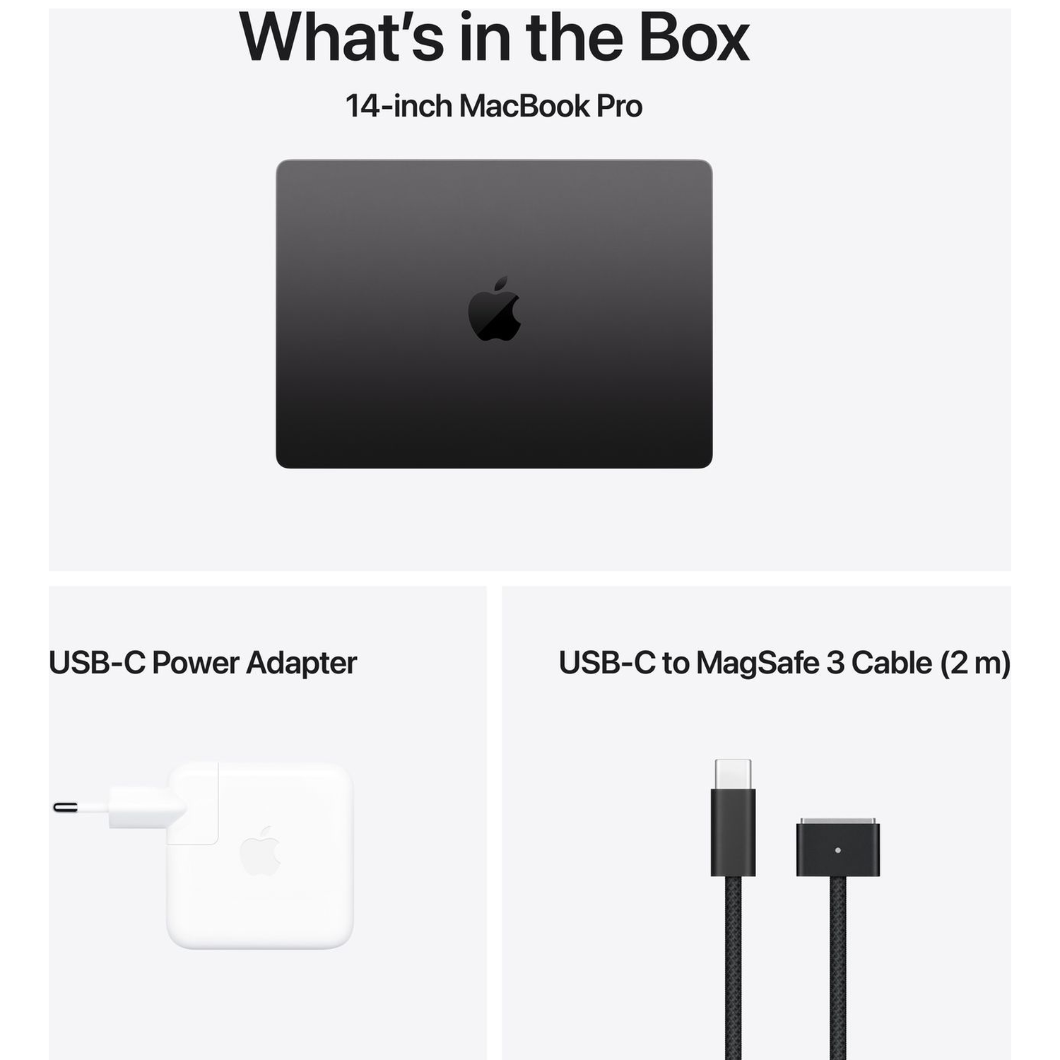 Inhoud: donkergrijs 14-inch MacBook Pro, witte USB-C adapter en gevlochten kabel.