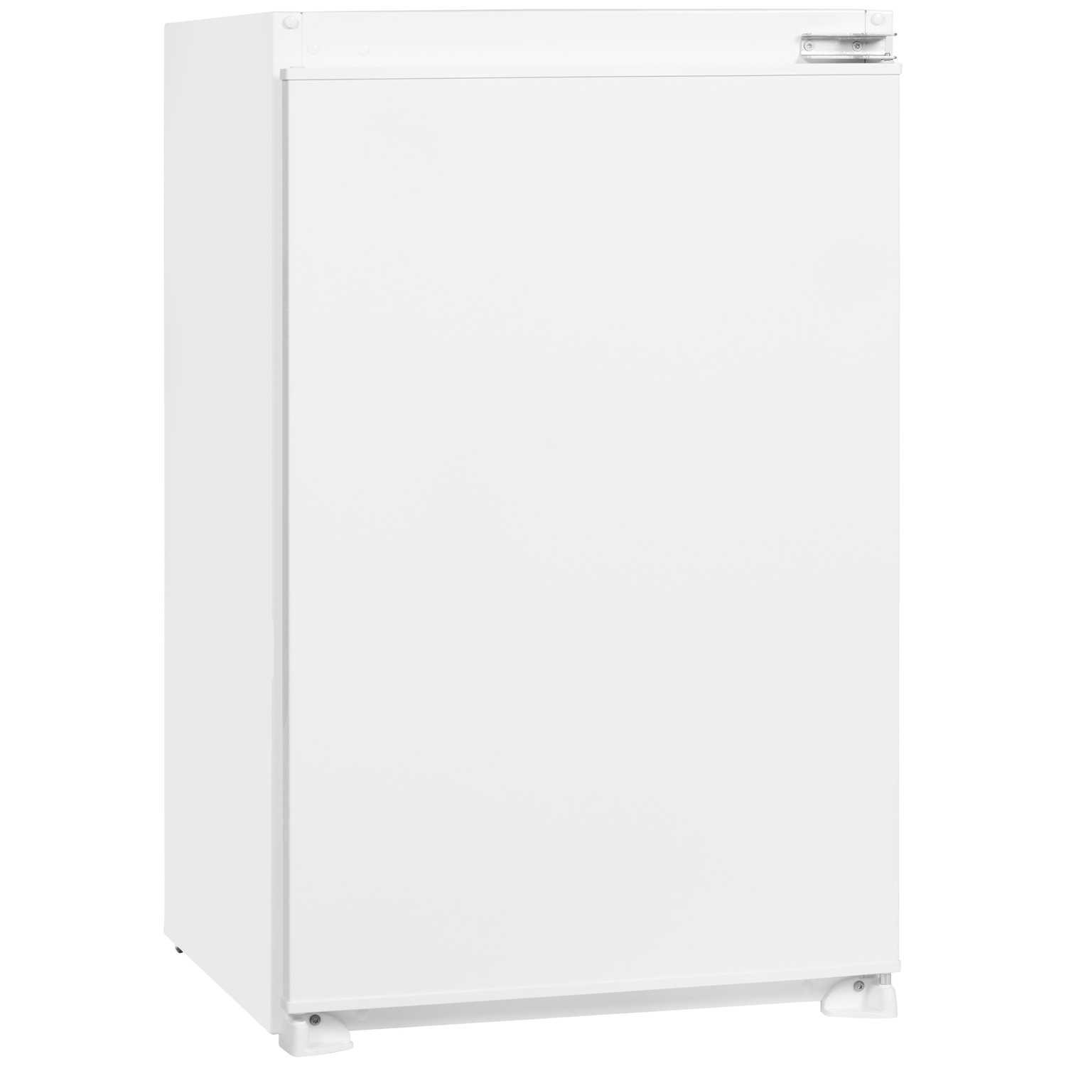 A white refrigerator with a silver handle and hinges.