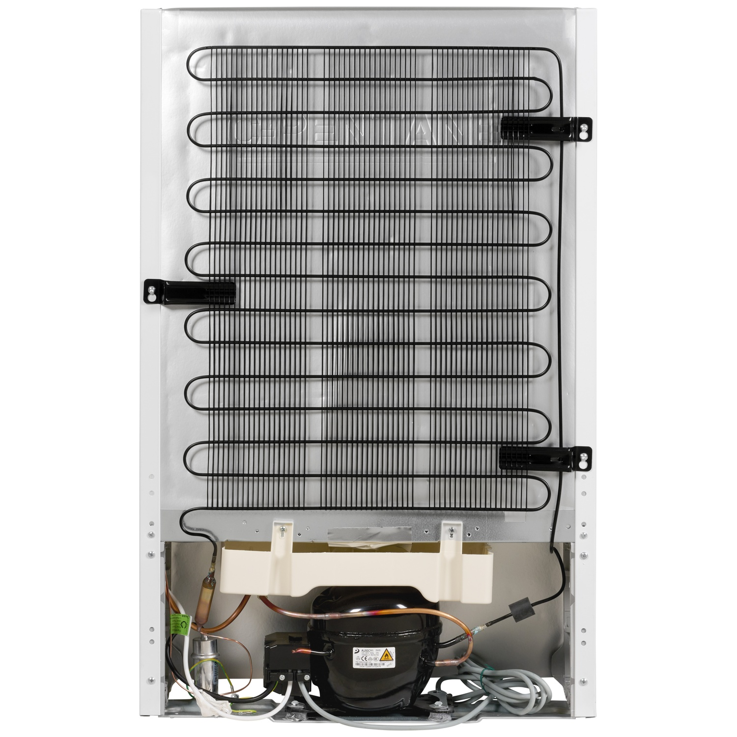Back of a refrigerator showing compressor, condenser coils, and wiring.