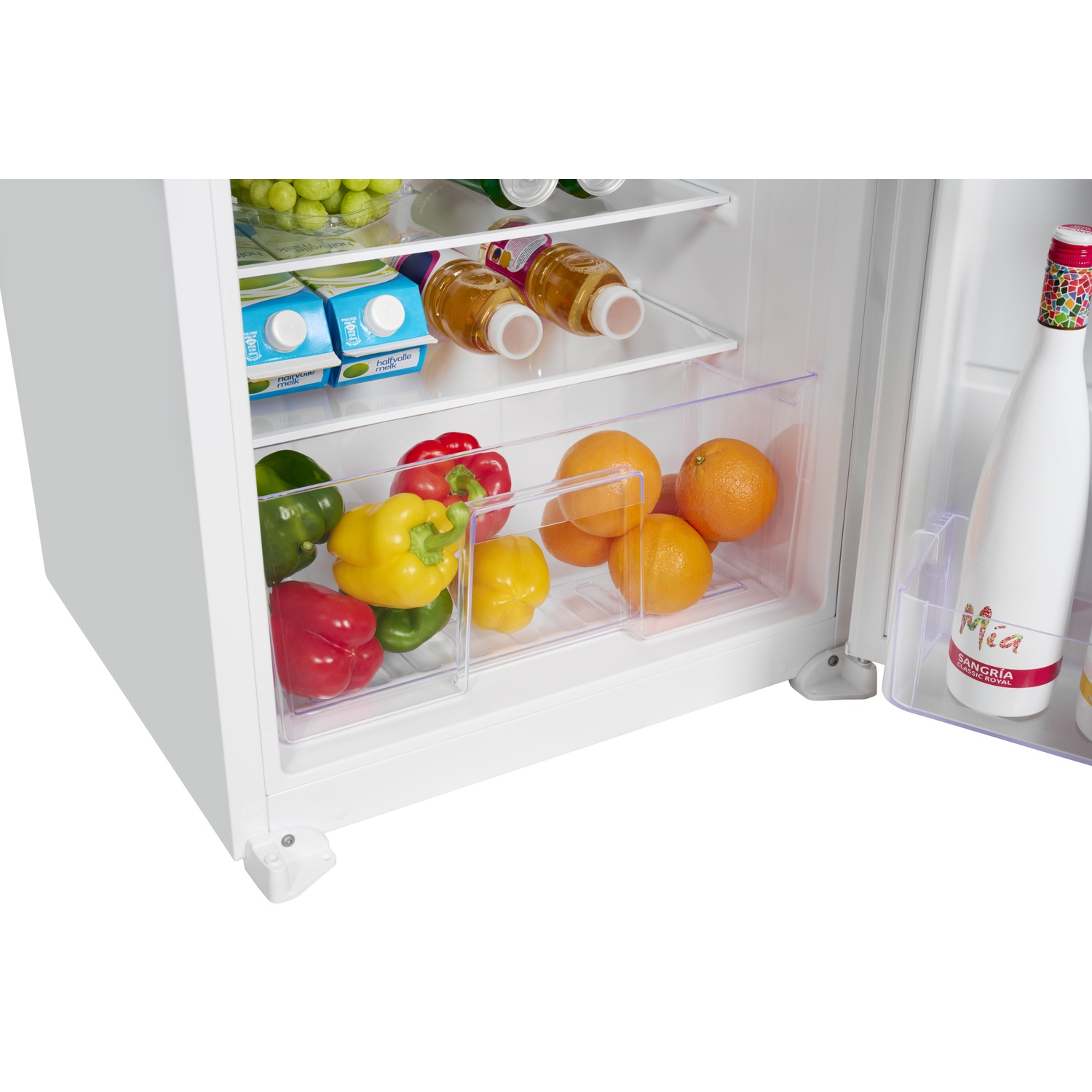An open refrigerator with fruits, vegetables, and drinks on shelves.
