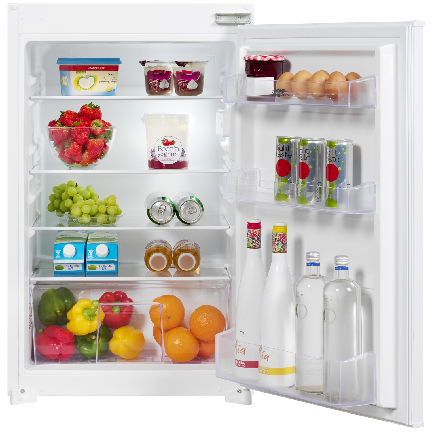 An open refrigerator filled with food: berries, fruits, vegetables, eggs, drinks, and milk.