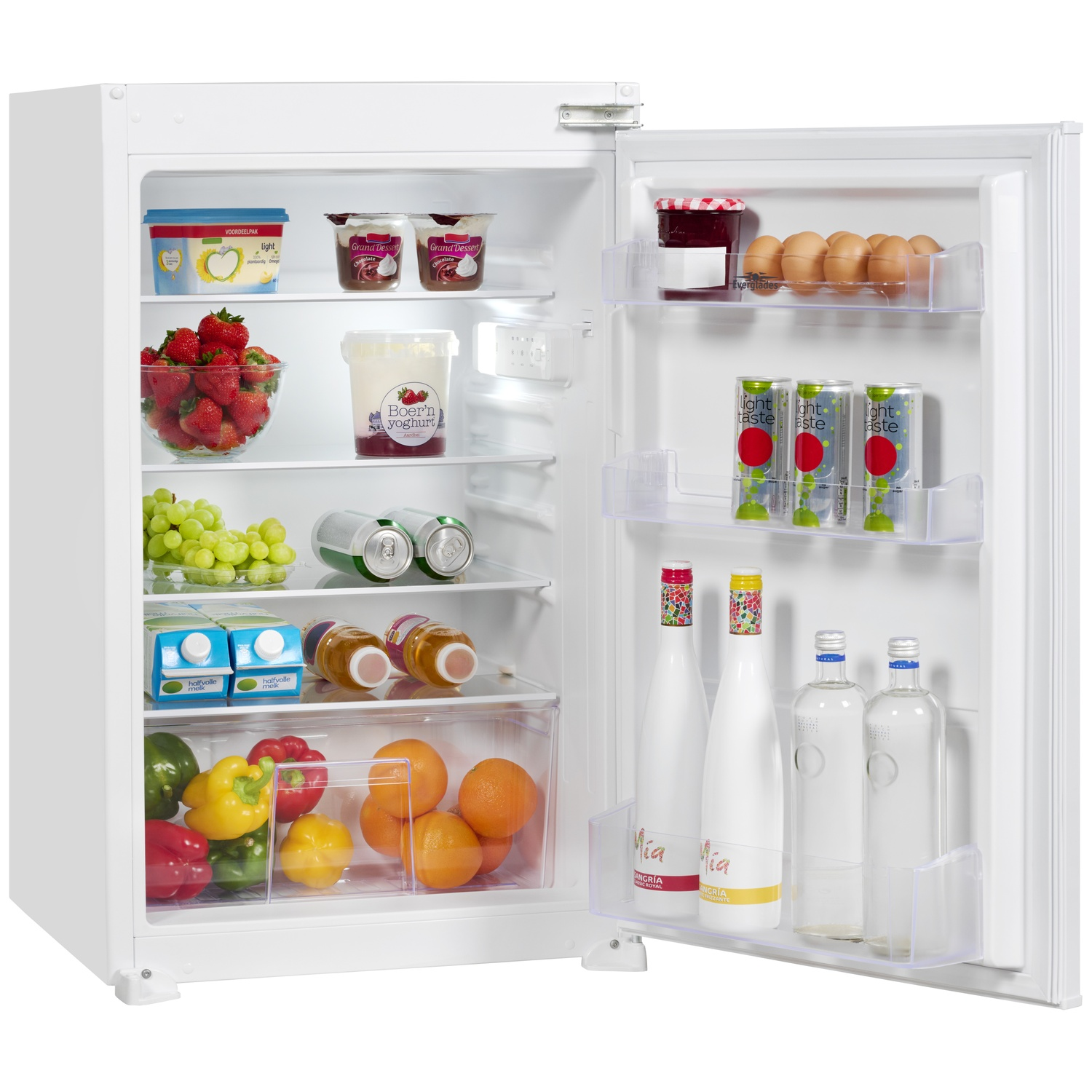 An open refrigerator filled with food: berries, yogurt, eggs, drinks, and vegetables.