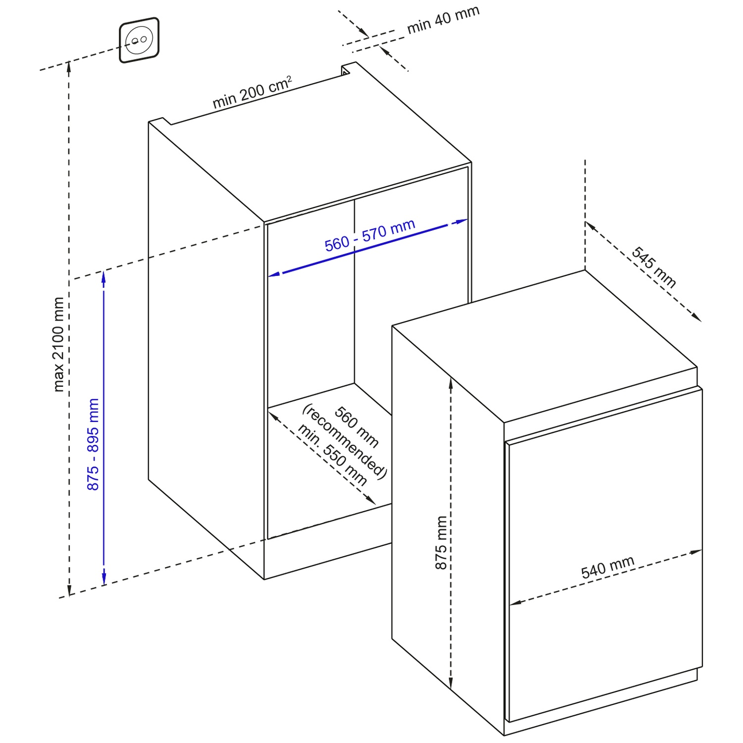 Technical drawing shows installation dimensions for an appliance. Height 875-895 mm, width 540 mm.