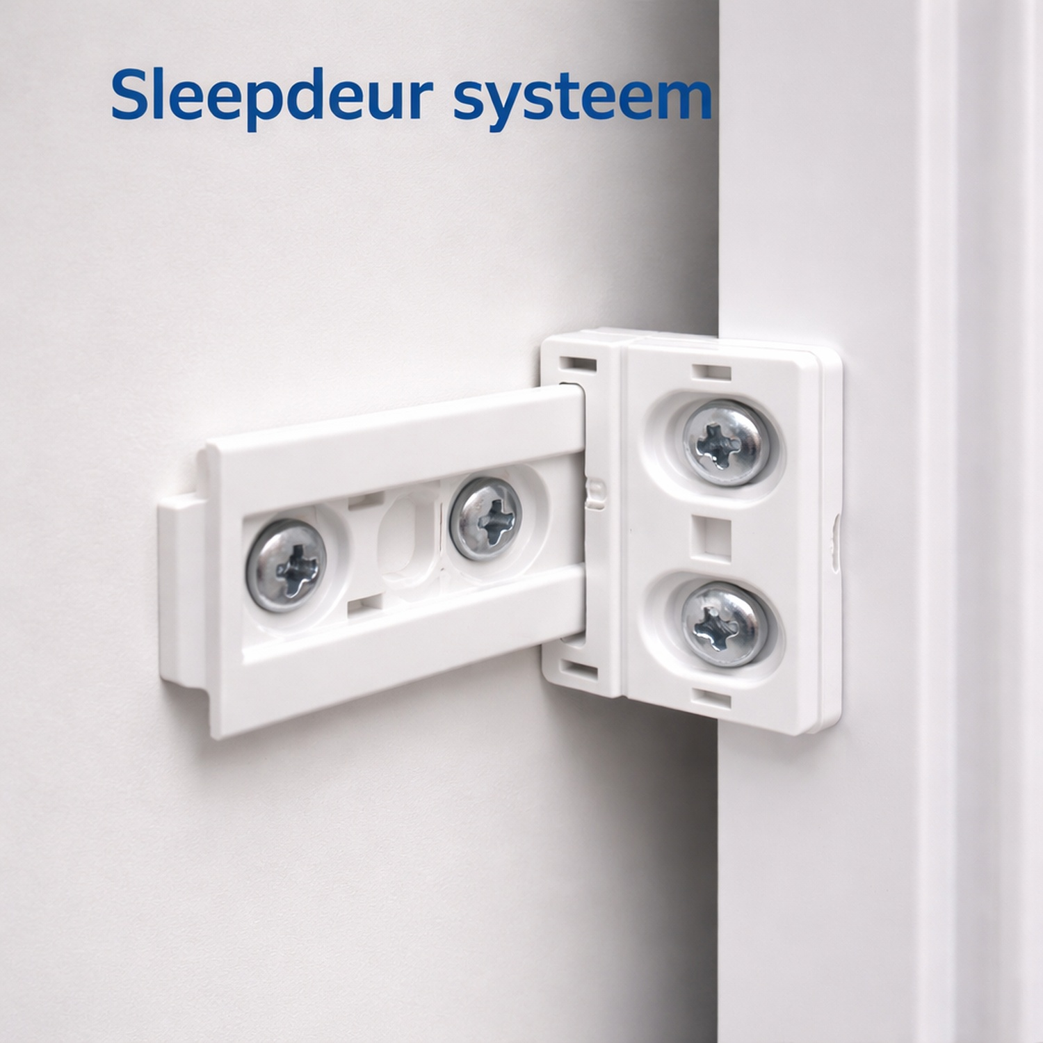 A white hinge system with visible screws attached to a wall.