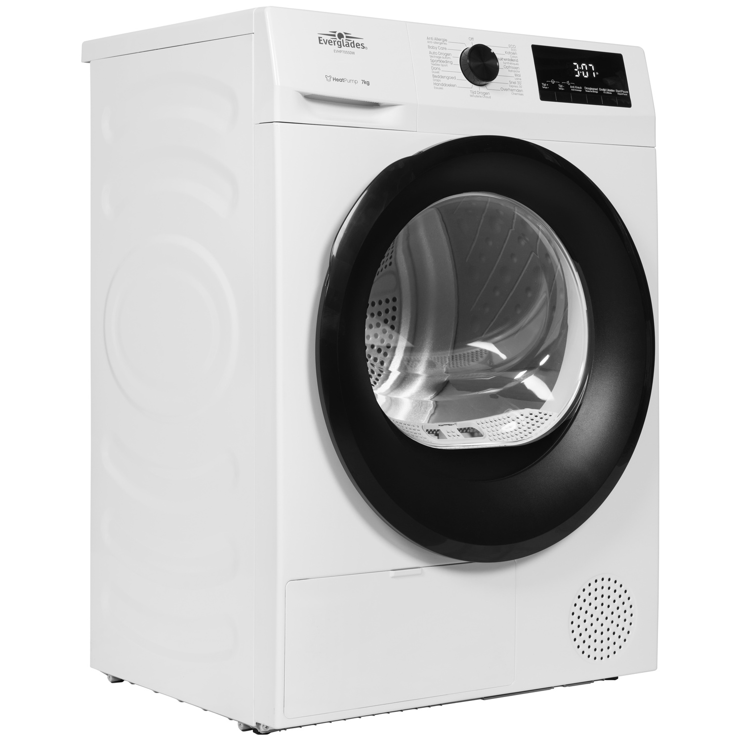 A white heat pump tumble dryer with a black door and digital display.