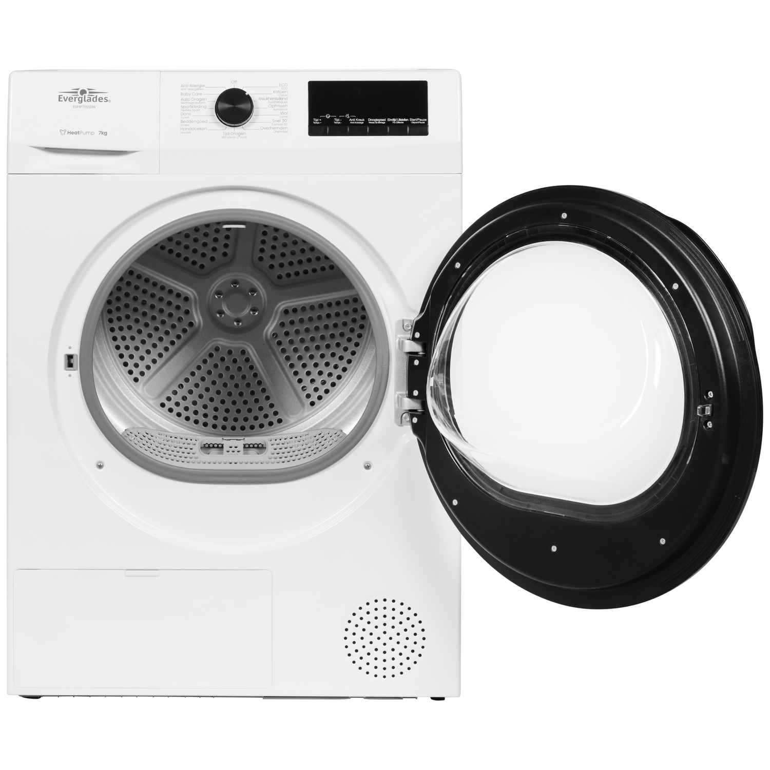A white front of a clothes dryer with its black door open.
