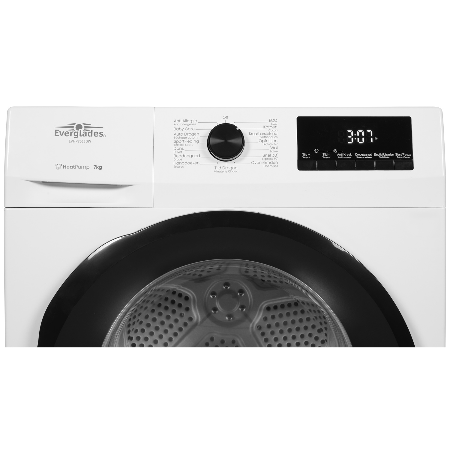 A white Everglades brand heat pump dryer with a digital display and program selector dial.