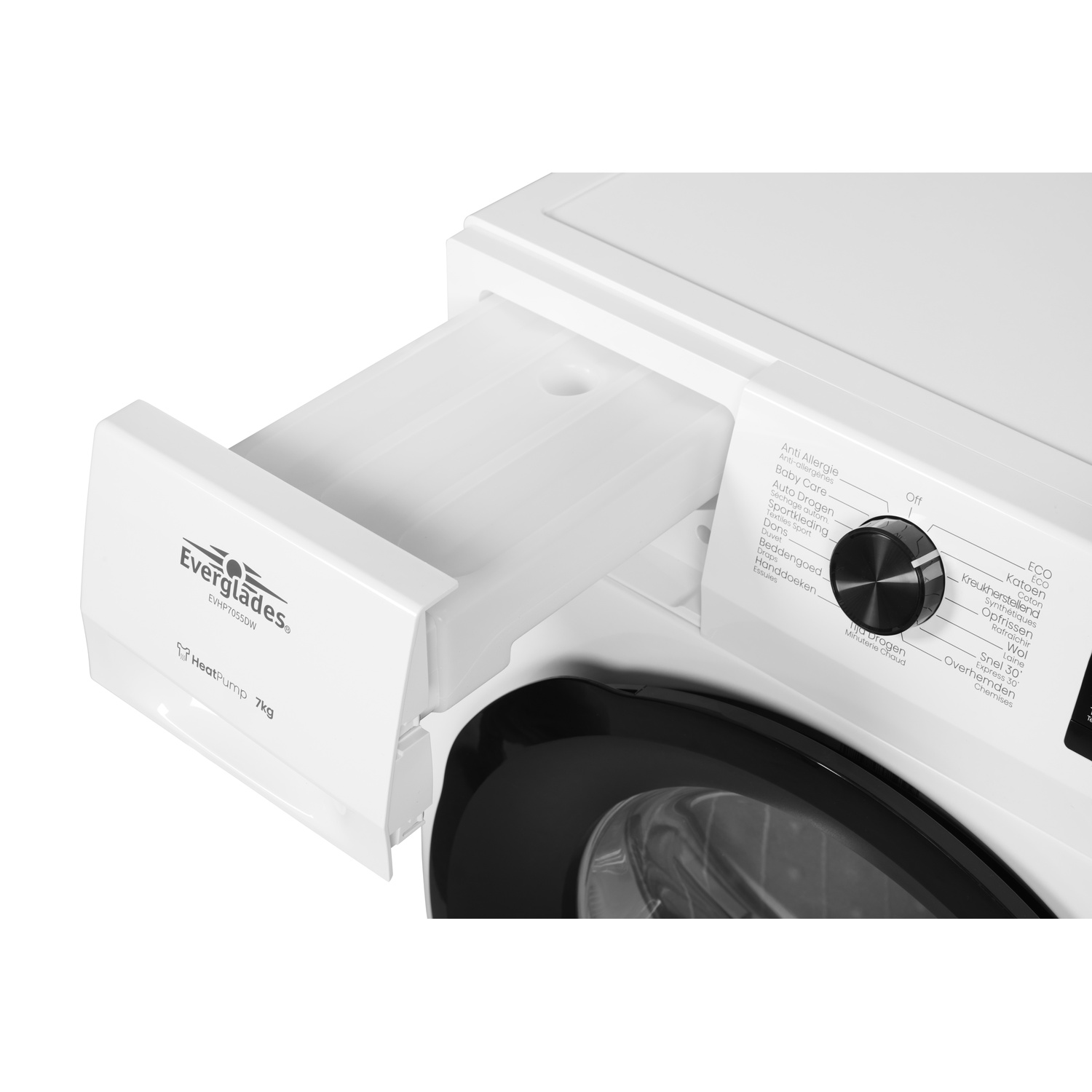 A white washing machine with a pulled-out drawer and control panel.