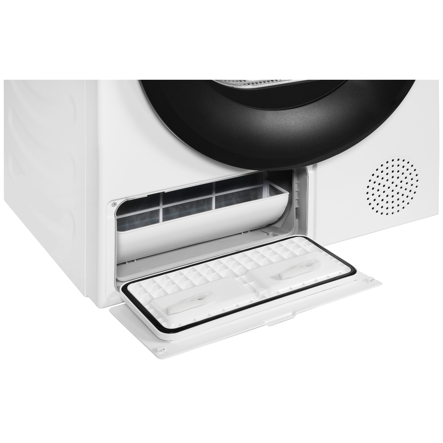 A white washing machine with its flap open, revealing the lint filter.