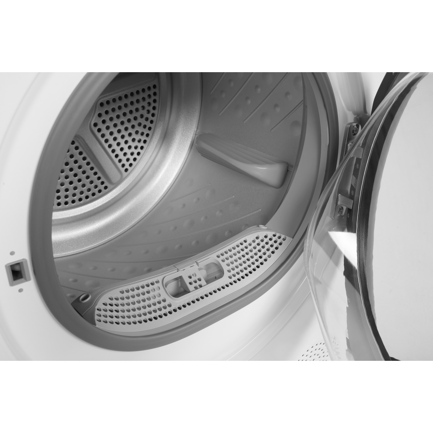 Interior view of a dryer with open door and lint filter.