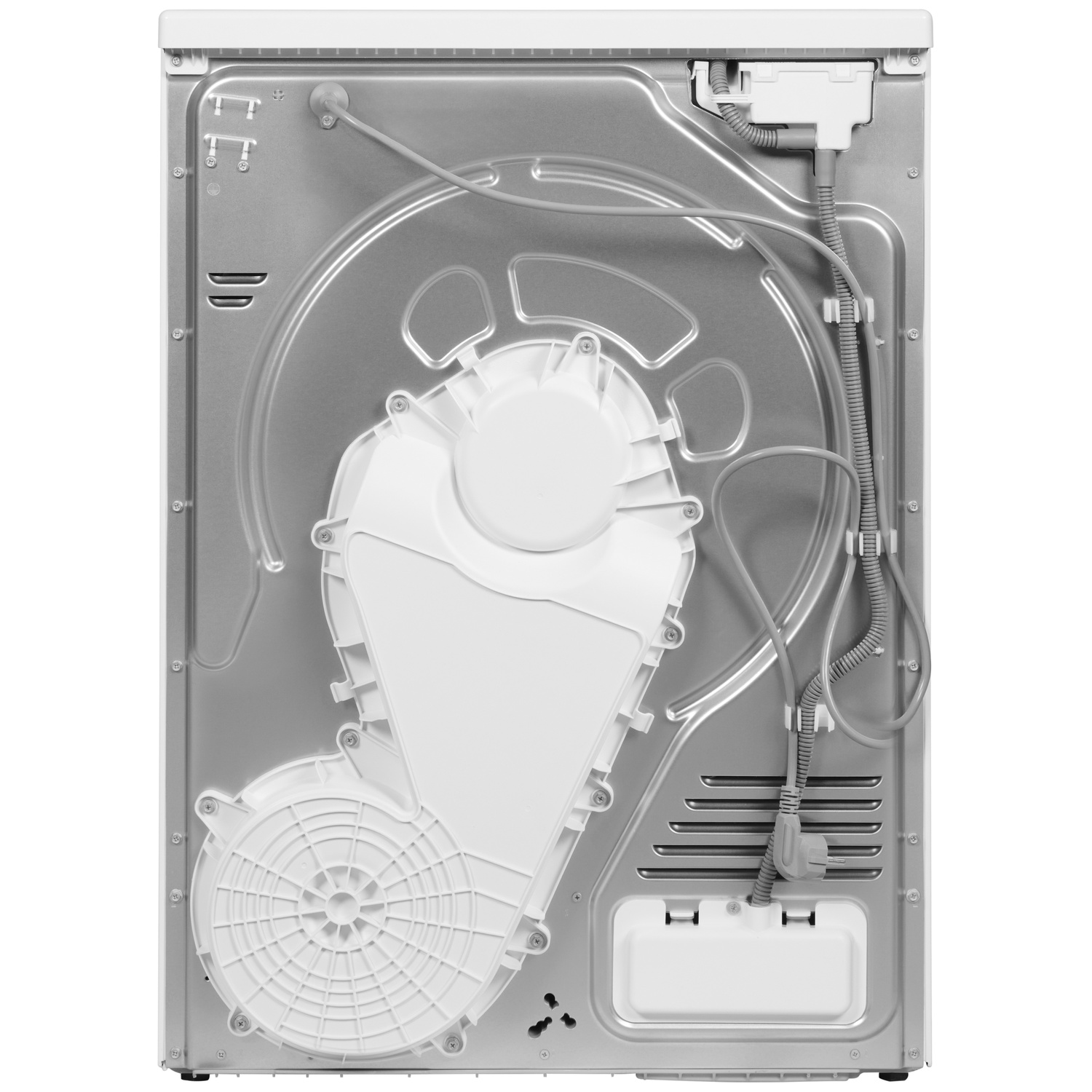 Back of a white dryer showing internal components like fan and wires.