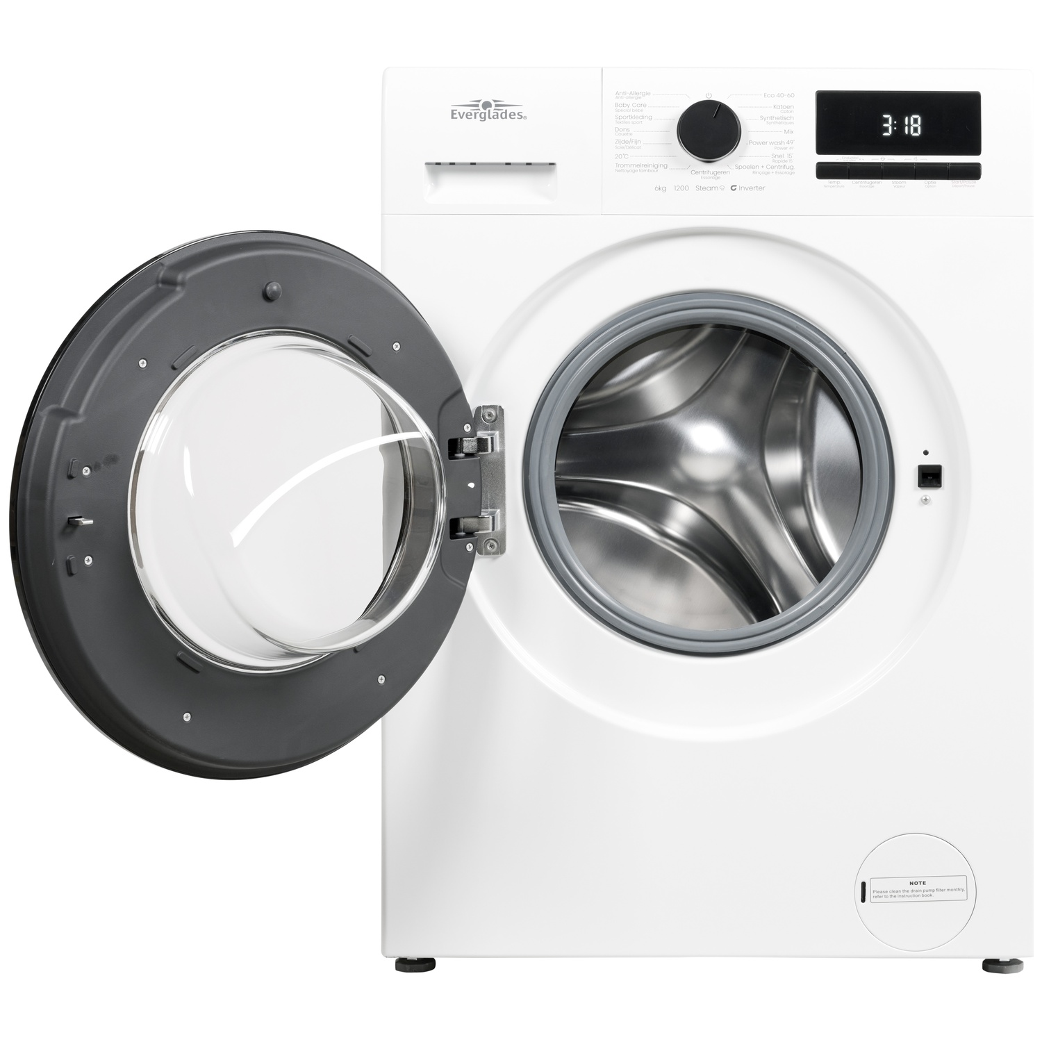 Een witte wasmachine met de deur open, met een digitaal display dat '3:18' toont.