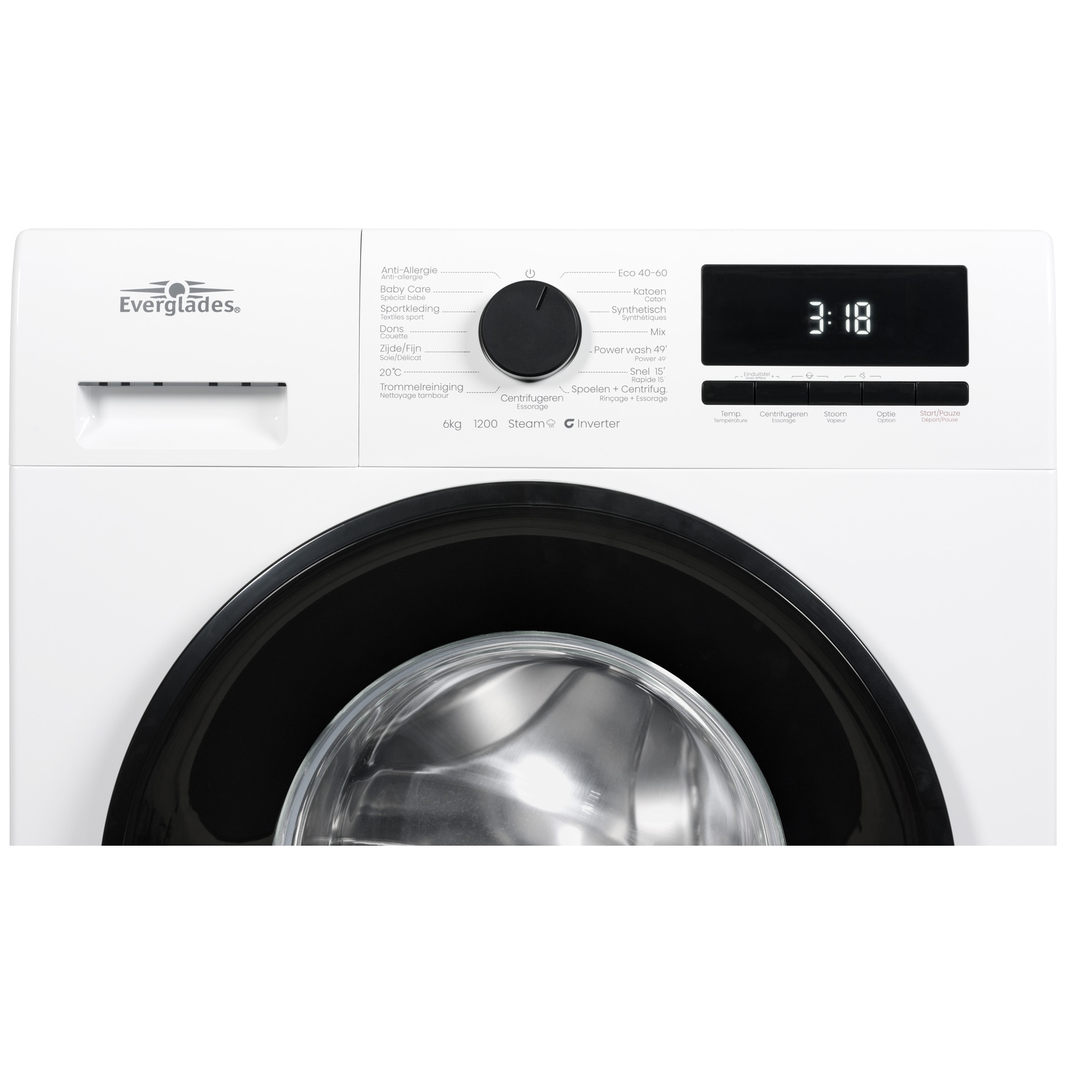 Een witte wasmachine met zwarte deur en bedieningspaneel met digitaal display.