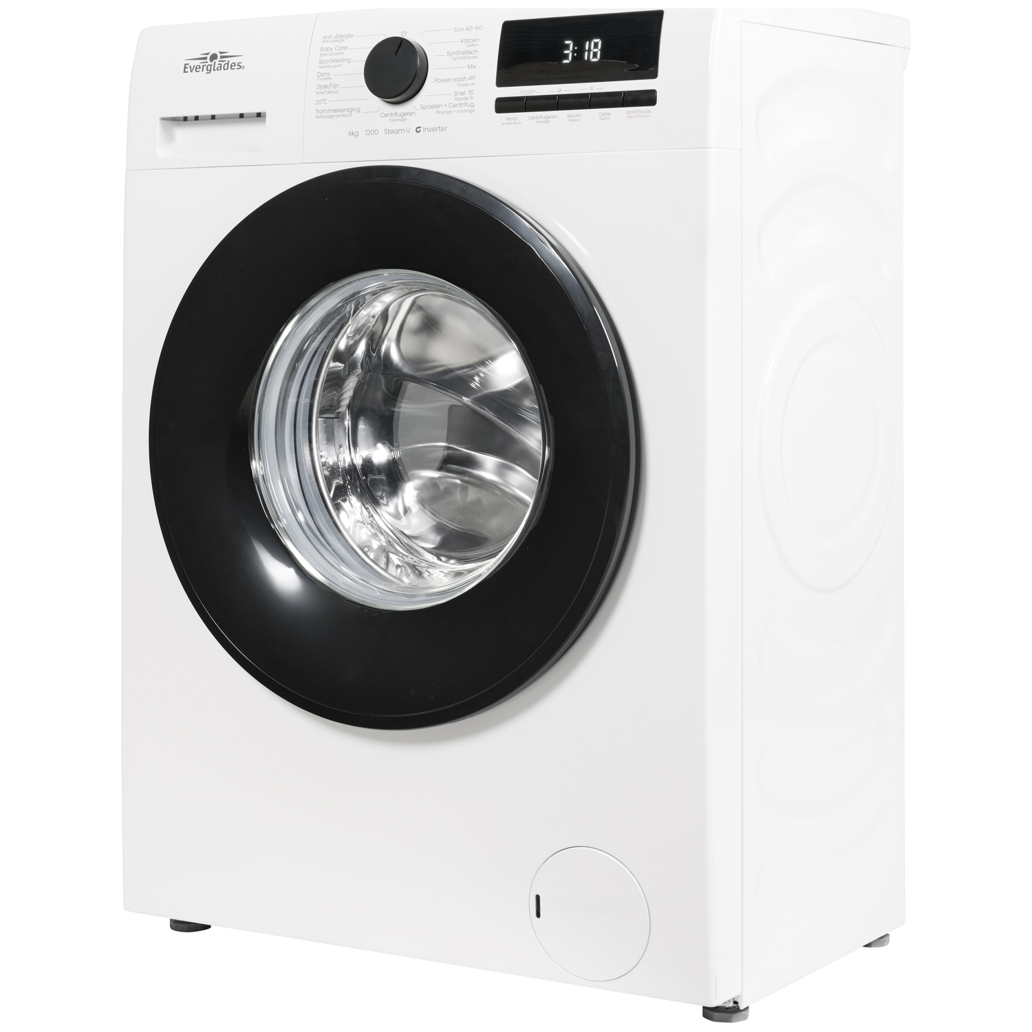Een witte wasmachine met zwart deur en digitaal display.