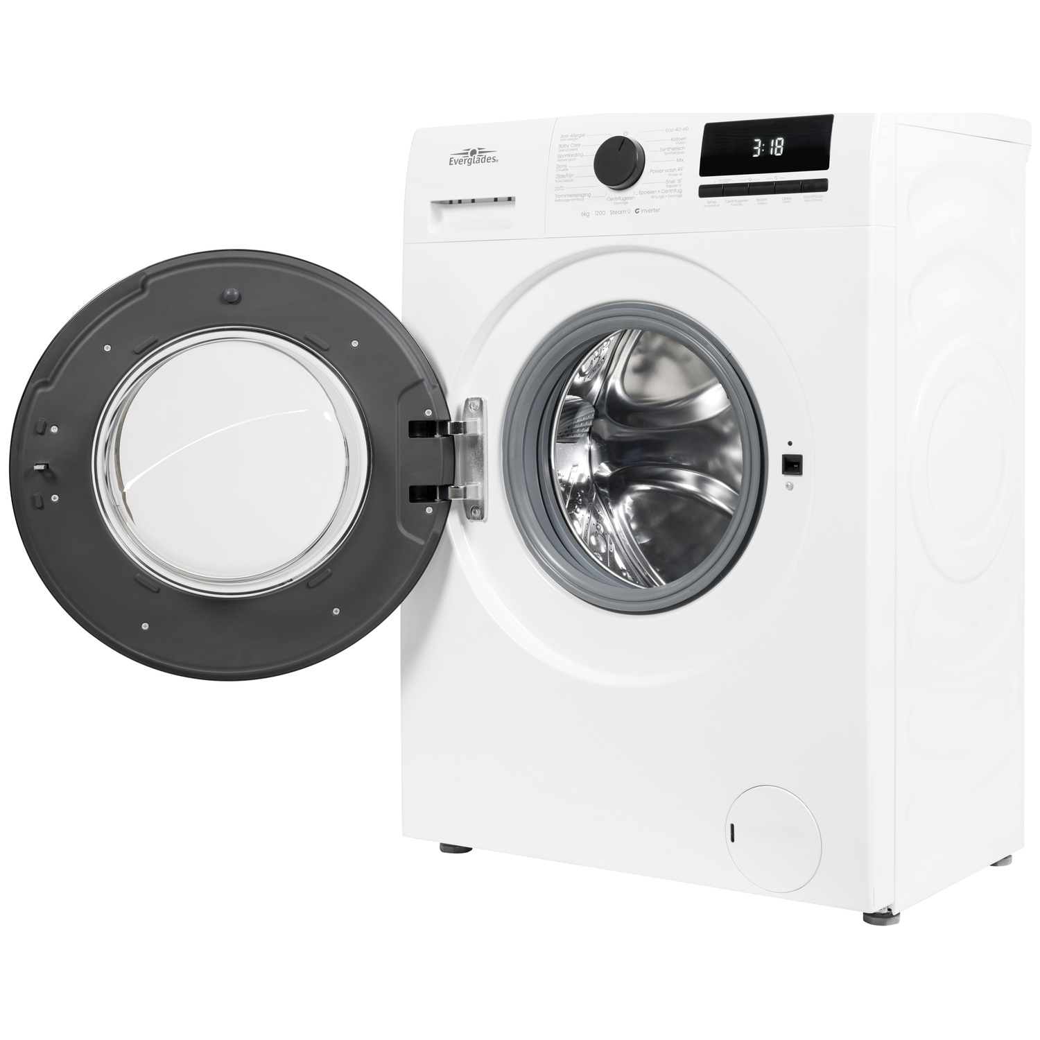 Witte wasmachine met open deur en zilveren trommel. Digitaal display toont 3:18.