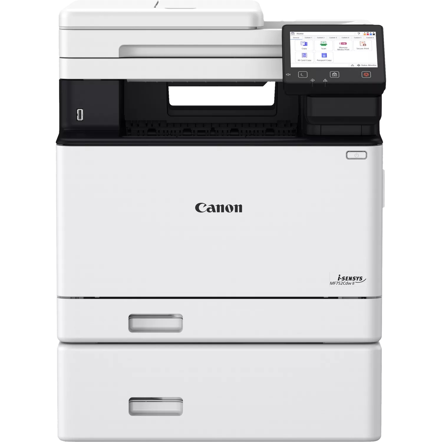 White Canon i-SENSYS MF752Cdw II multifunction printer with touchscreen and drawers.
