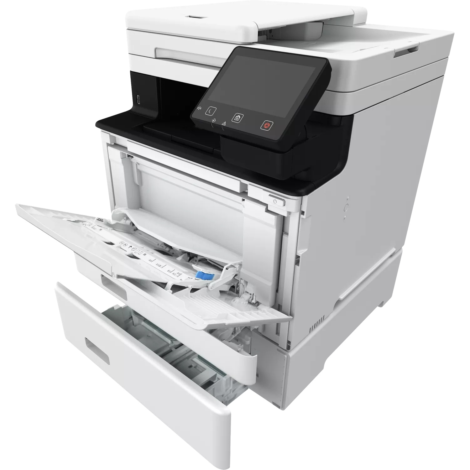 A white multifunction printer with an open tray and an extended drawer.