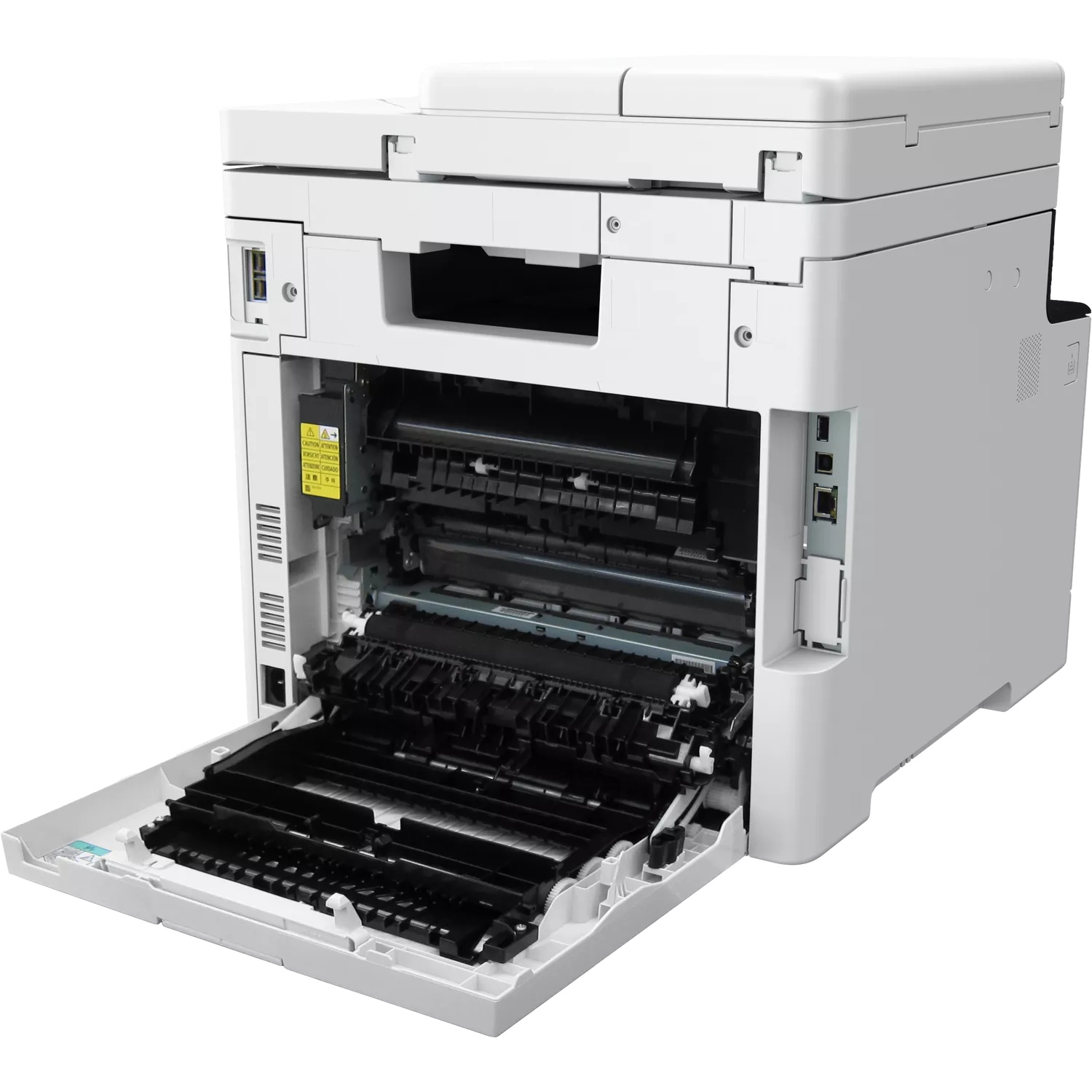 White printer with its front cover open, revealing the interior components.