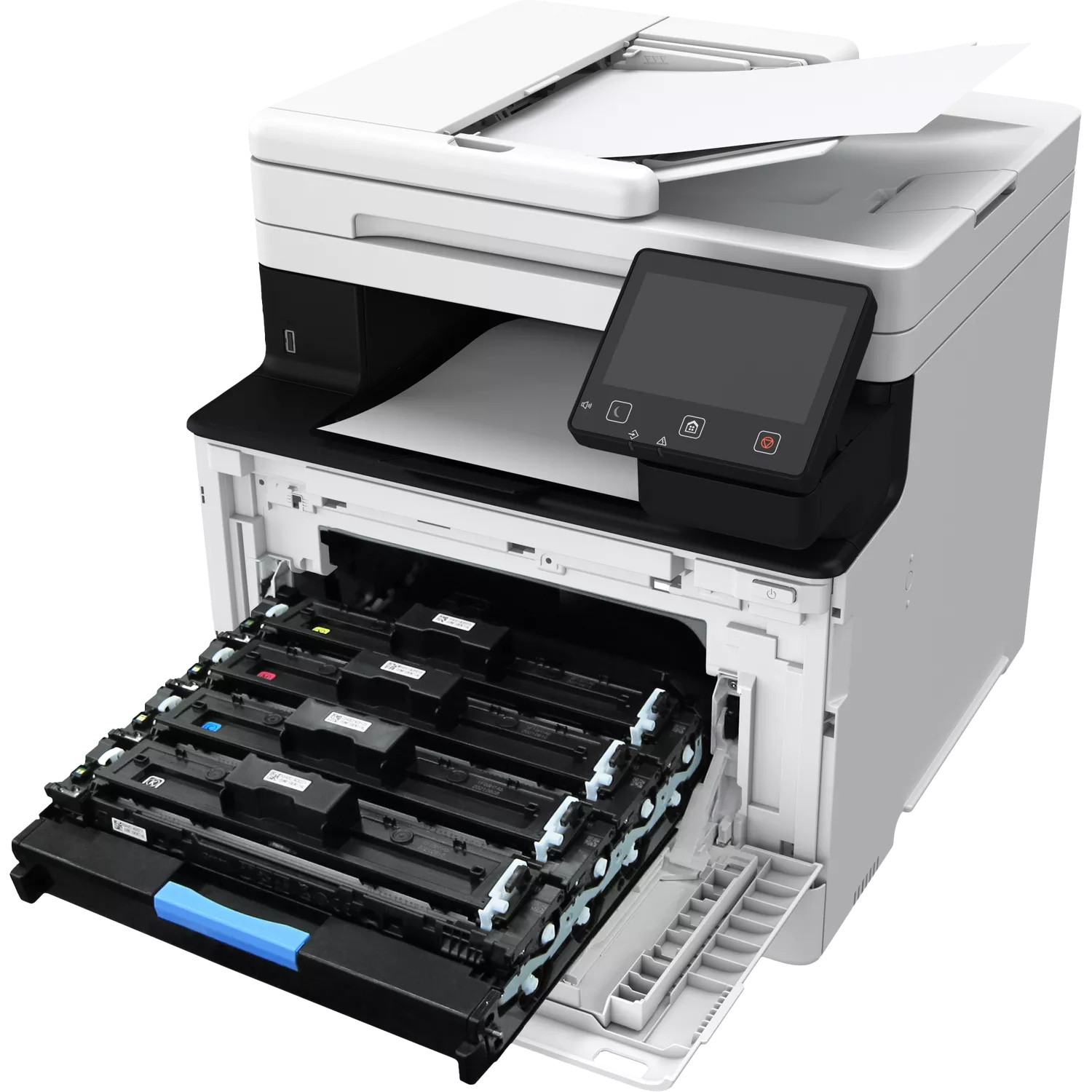 A white printer with its drawer open, revealing multiple toner cartridges inside.