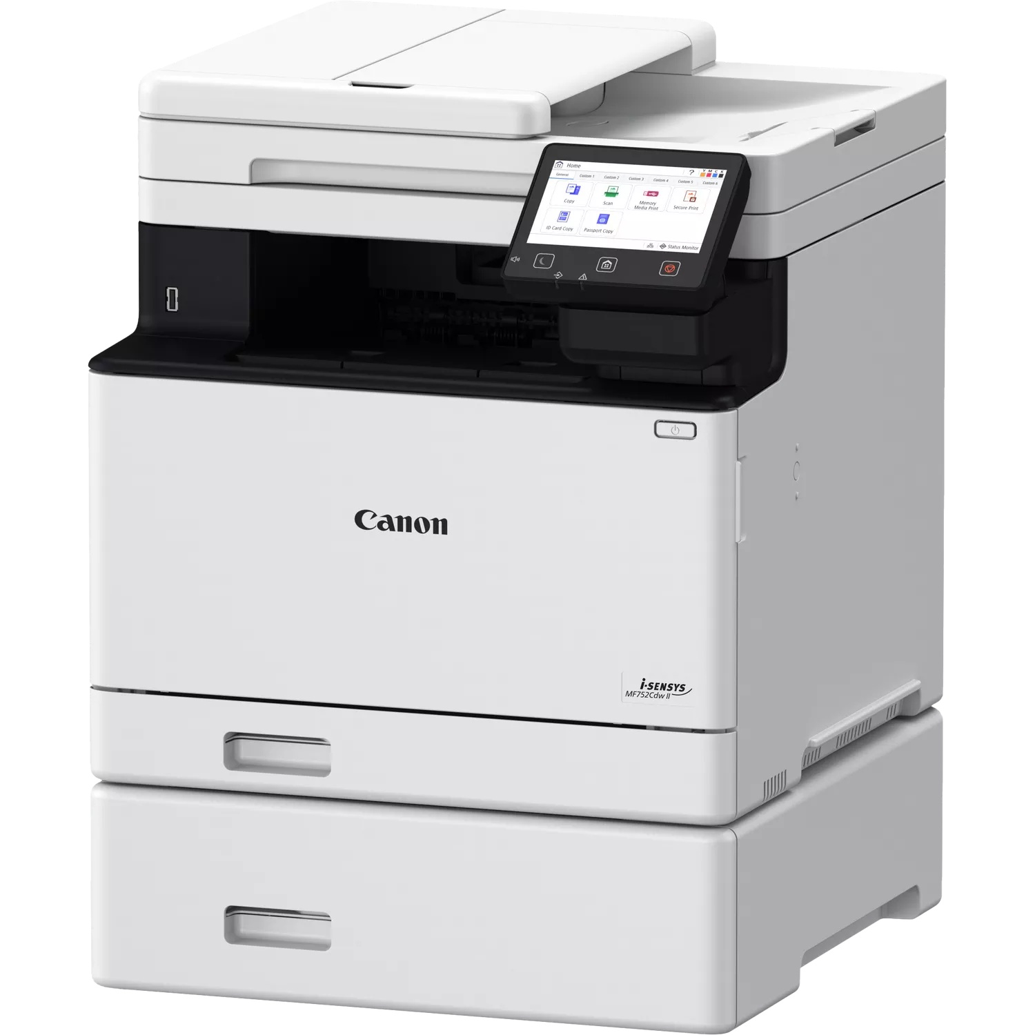 White Canon i-SENSYS MF752Cdw II multifunction printer with touchscreen.