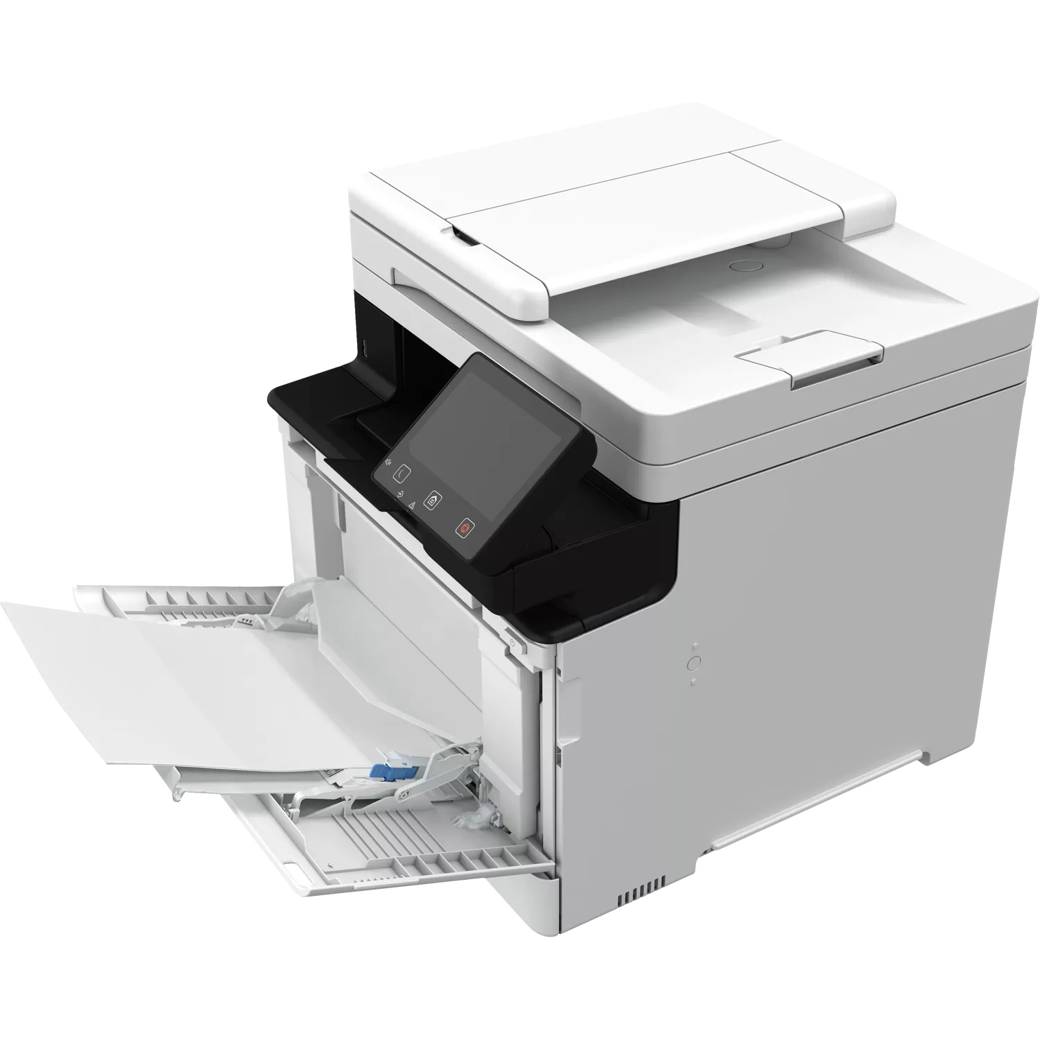A white printer with an extended paper tray and a touchscreen display.
