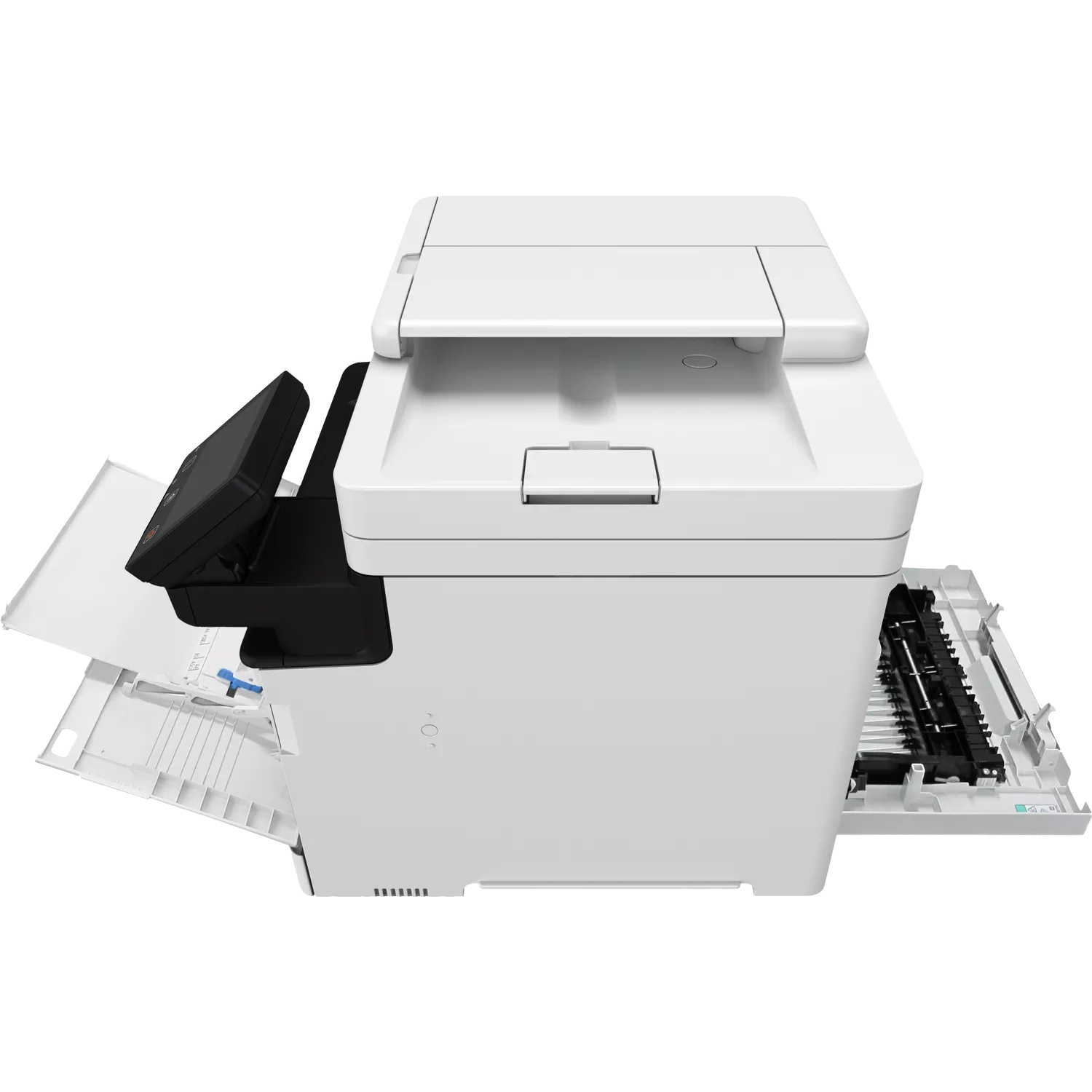 A white laser printer with extended paper trays and a black control panel.