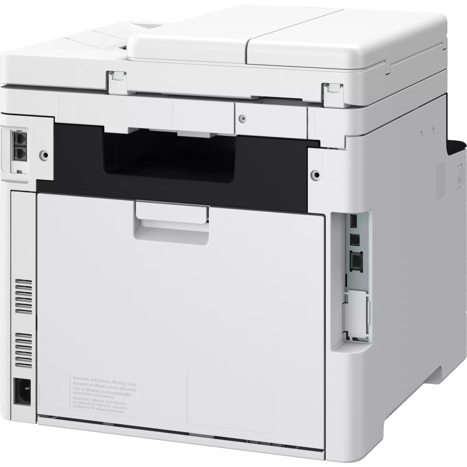 A white printer with black accents, shown from the side.