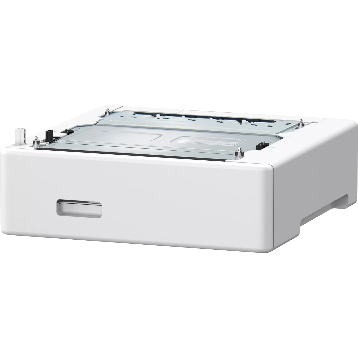A white paper tray insert with a silver metal plate and handle.
