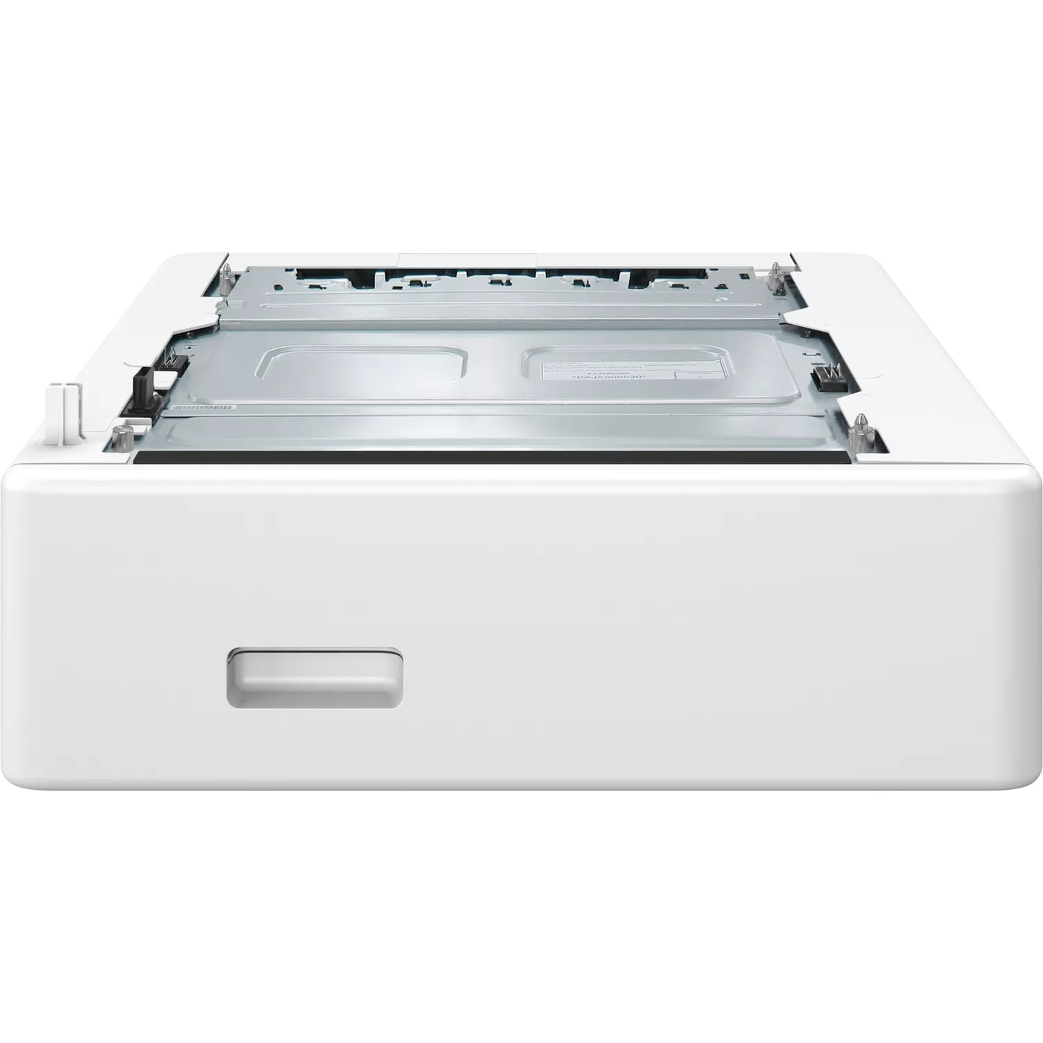 A white printer casing with an open tray and visible metal components.