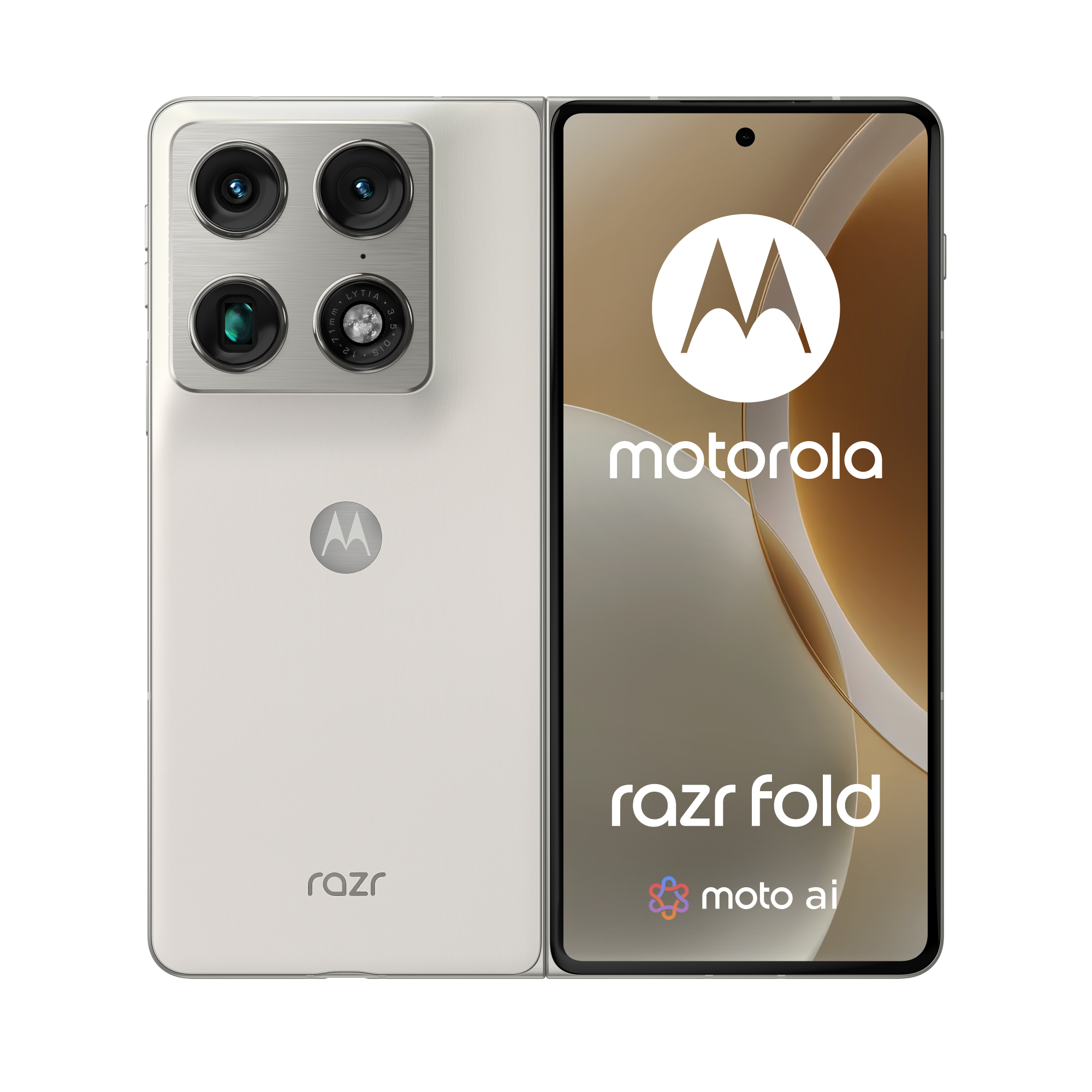 Biały składany telefon Motorola Razr z czterema aparatami i logo Motoroli.